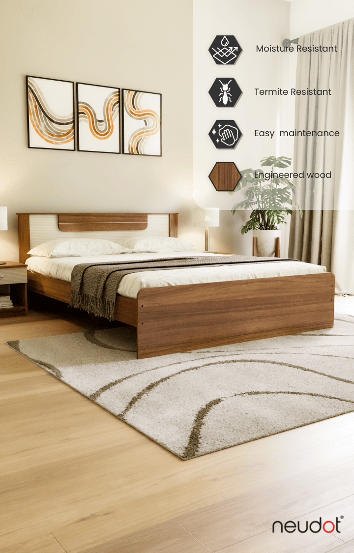 Wave Queen Size Non Storage Bed - Leon Teak Finish
