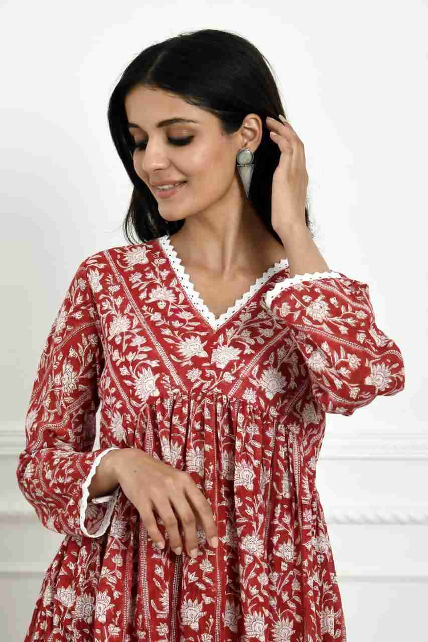 Naksh Short Red And White Soft Cotton Kota Block Printed Gathered Kurta