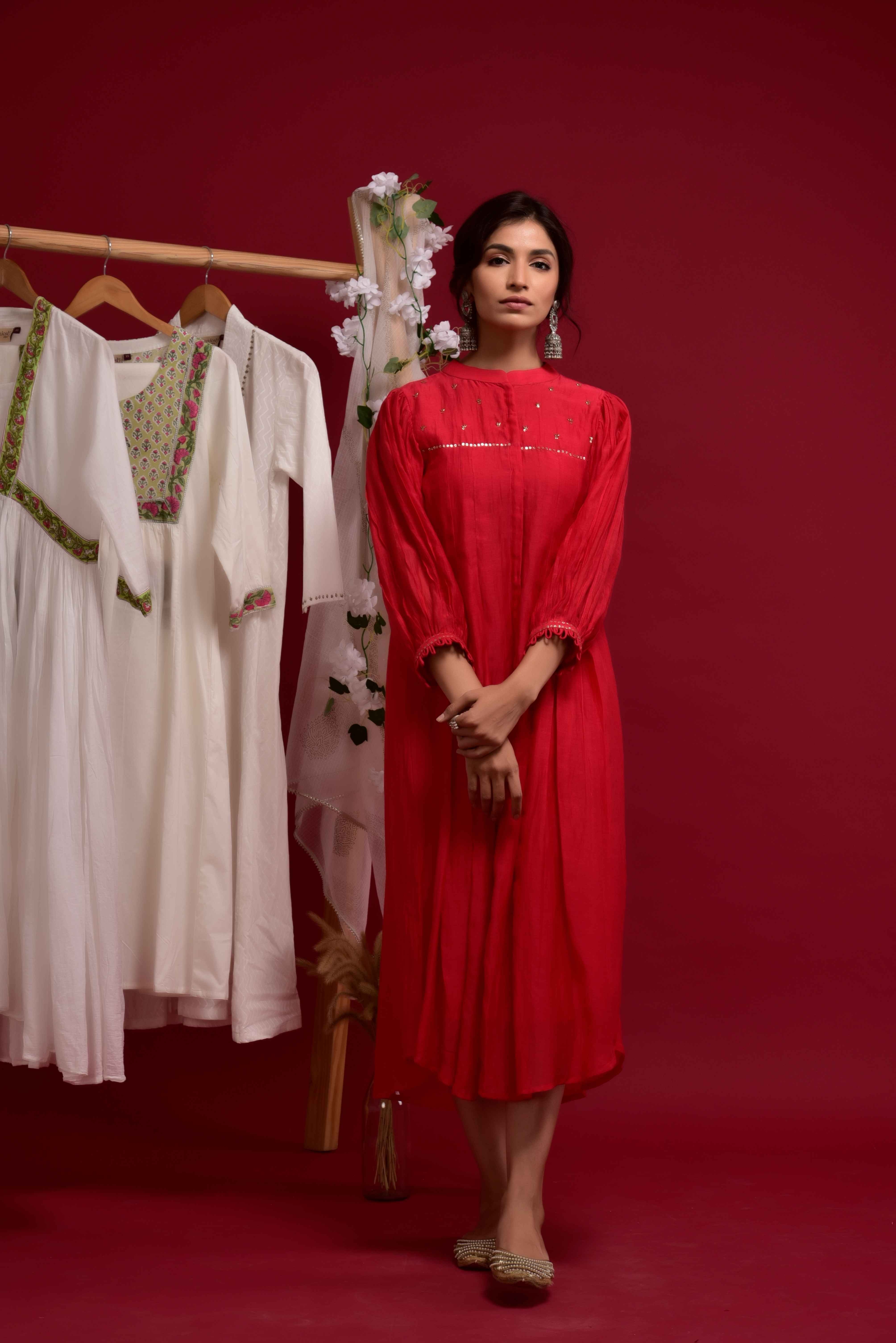 KAARAH BY KAAVYA | Red chanderi dress with hand work on yoke and sleeves and inner undefined