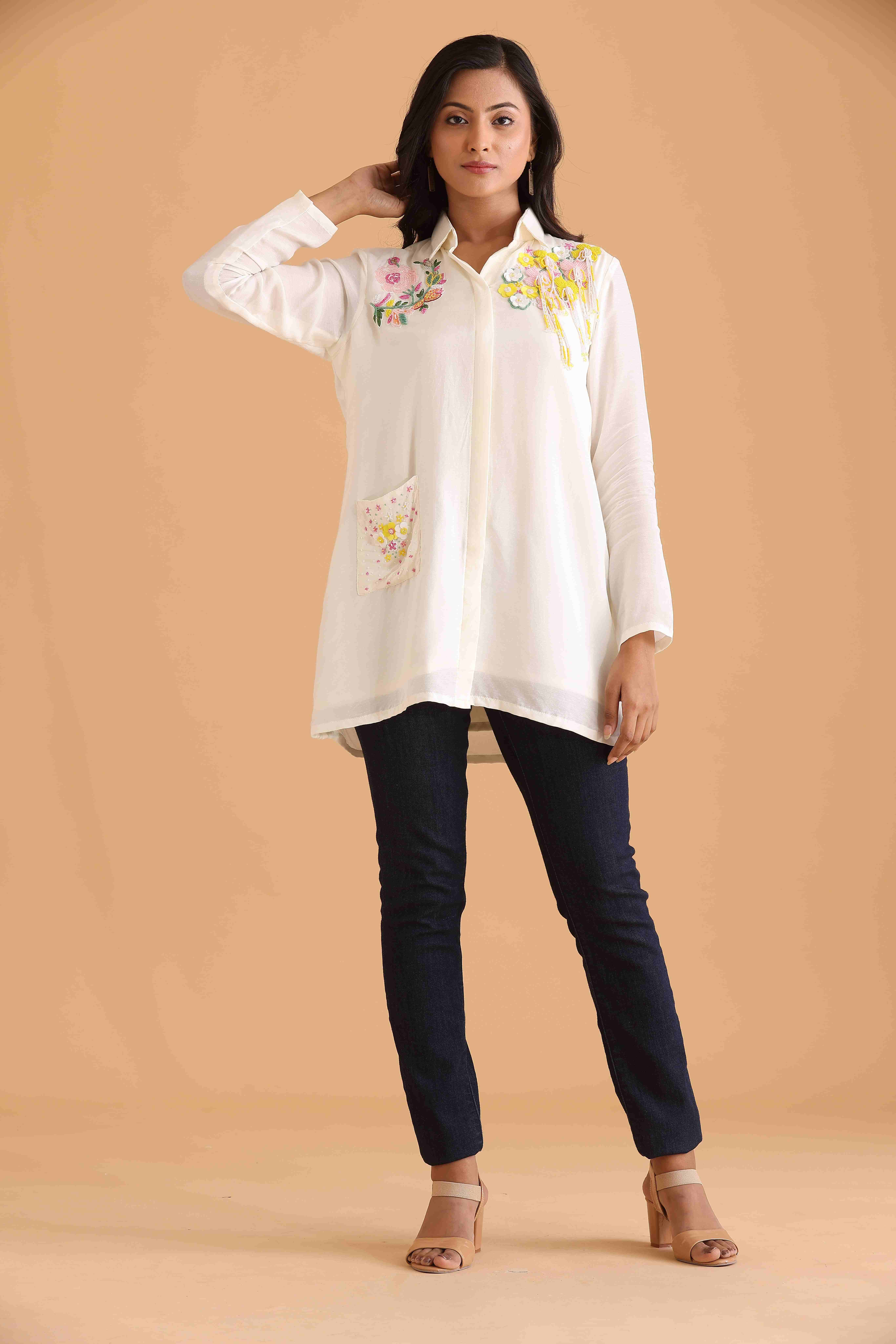 Ivory Floral Embroidered Tunic Shirt