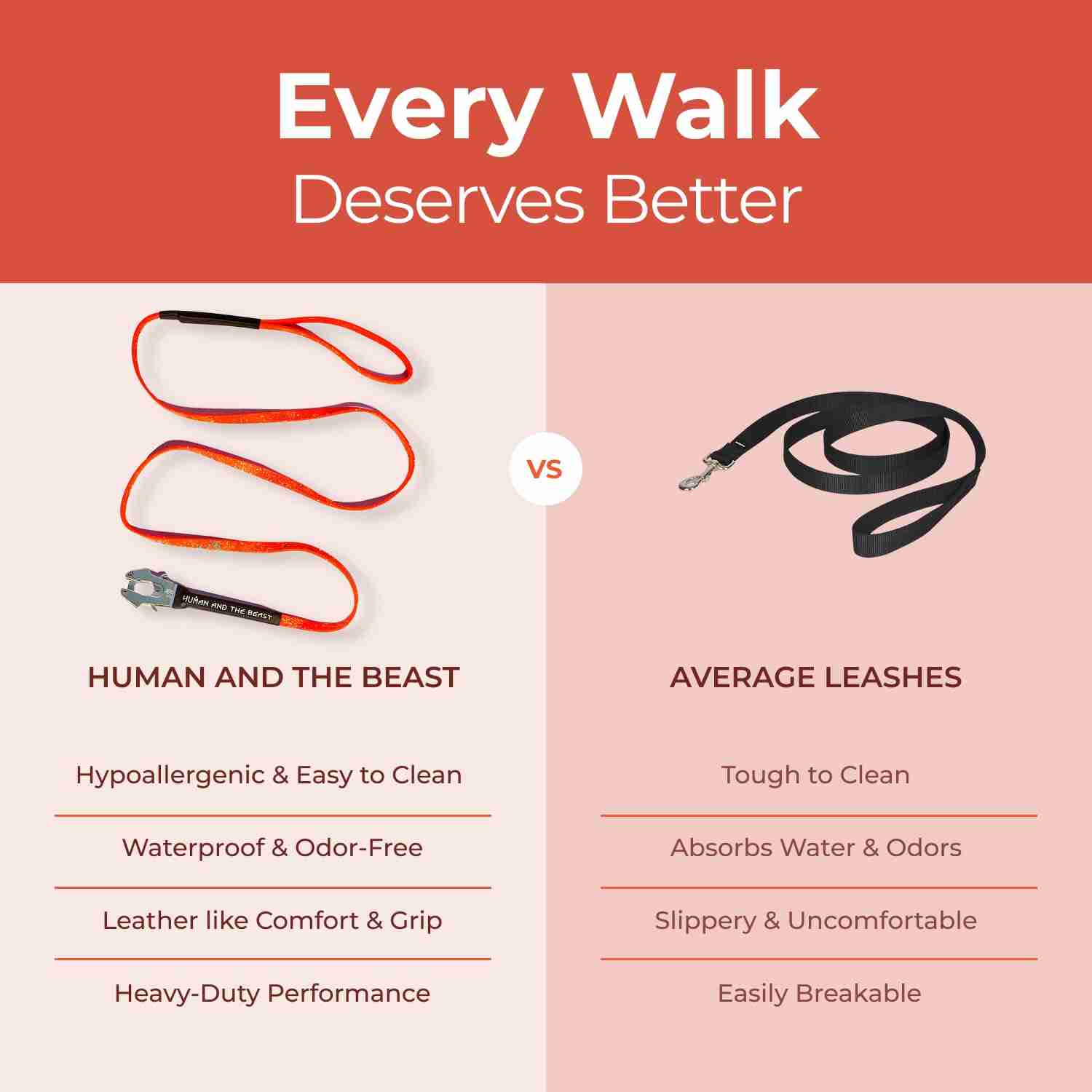 Human and the Beast The Super Leash with 6ft Length (Hunter Orange, Sliver Clip)