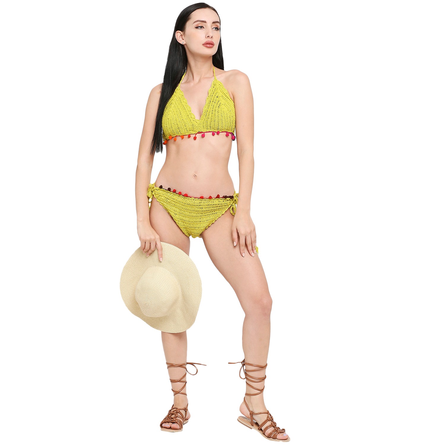 Smarty Pants women's pom pom lace crochet lime green color bikini .