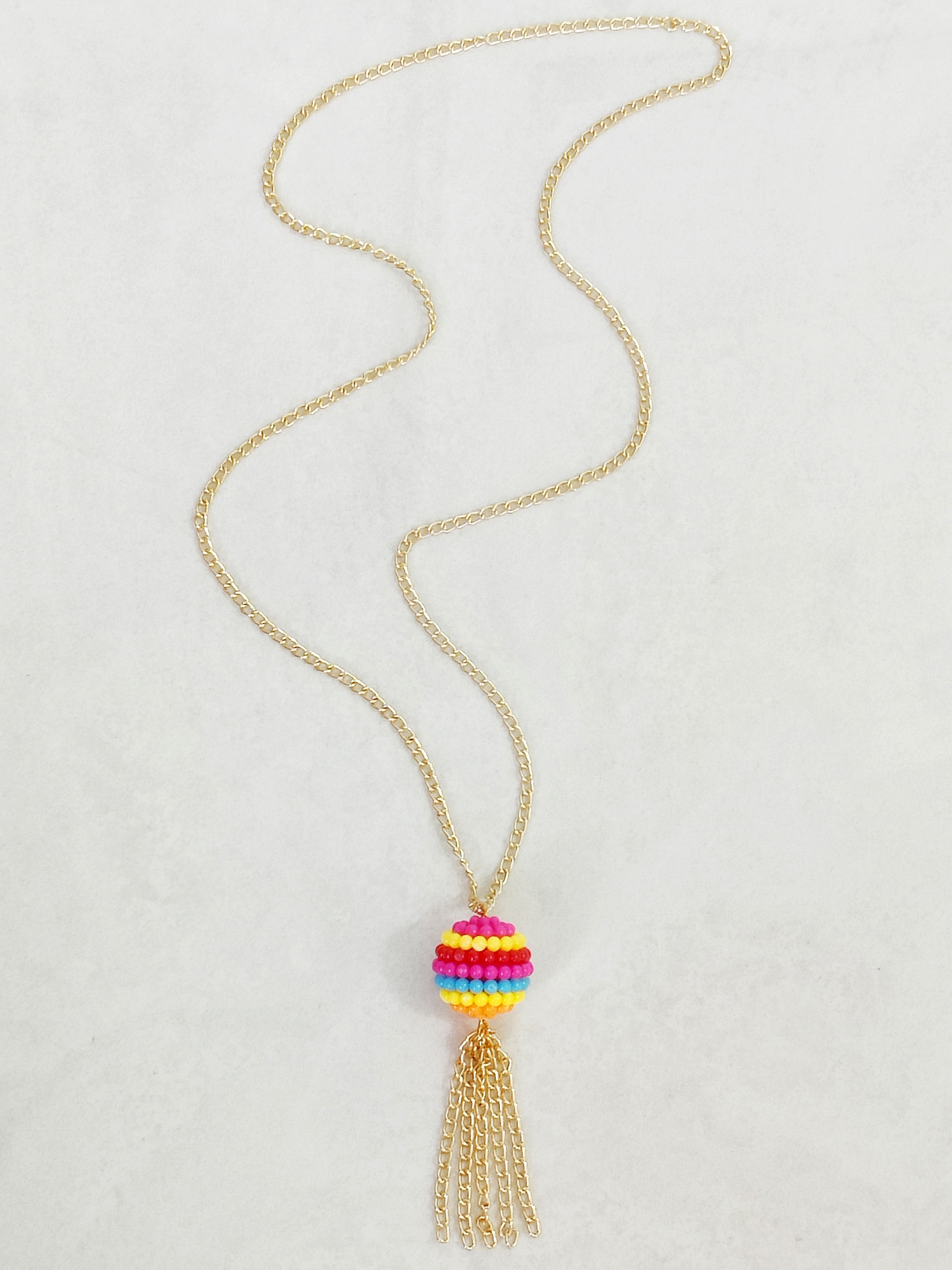 Multi Beaded Tassel Neck Chain - Multicoloured