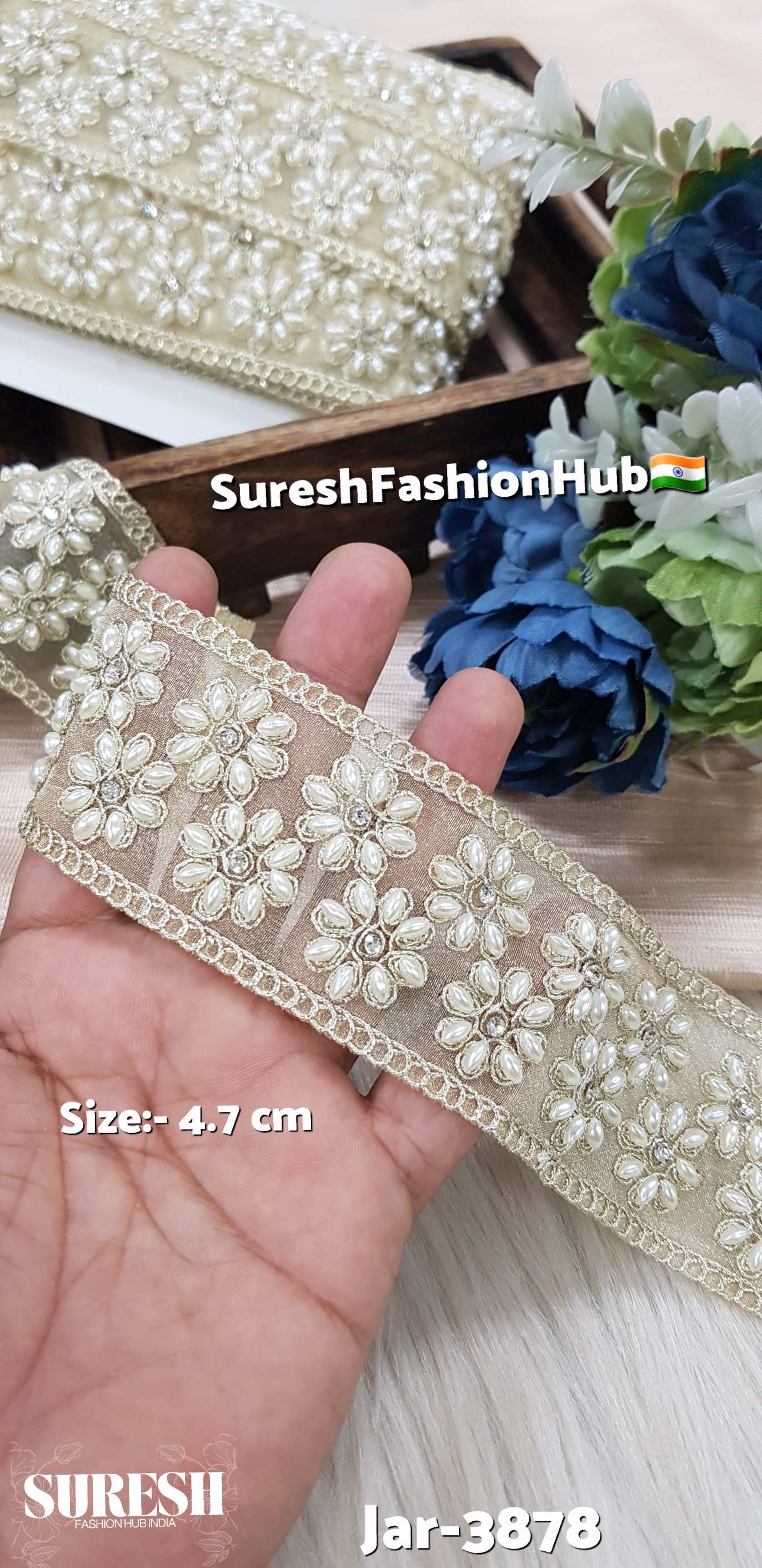 Light Gold Floral Diamond Pearl Dori Cutwork Lace