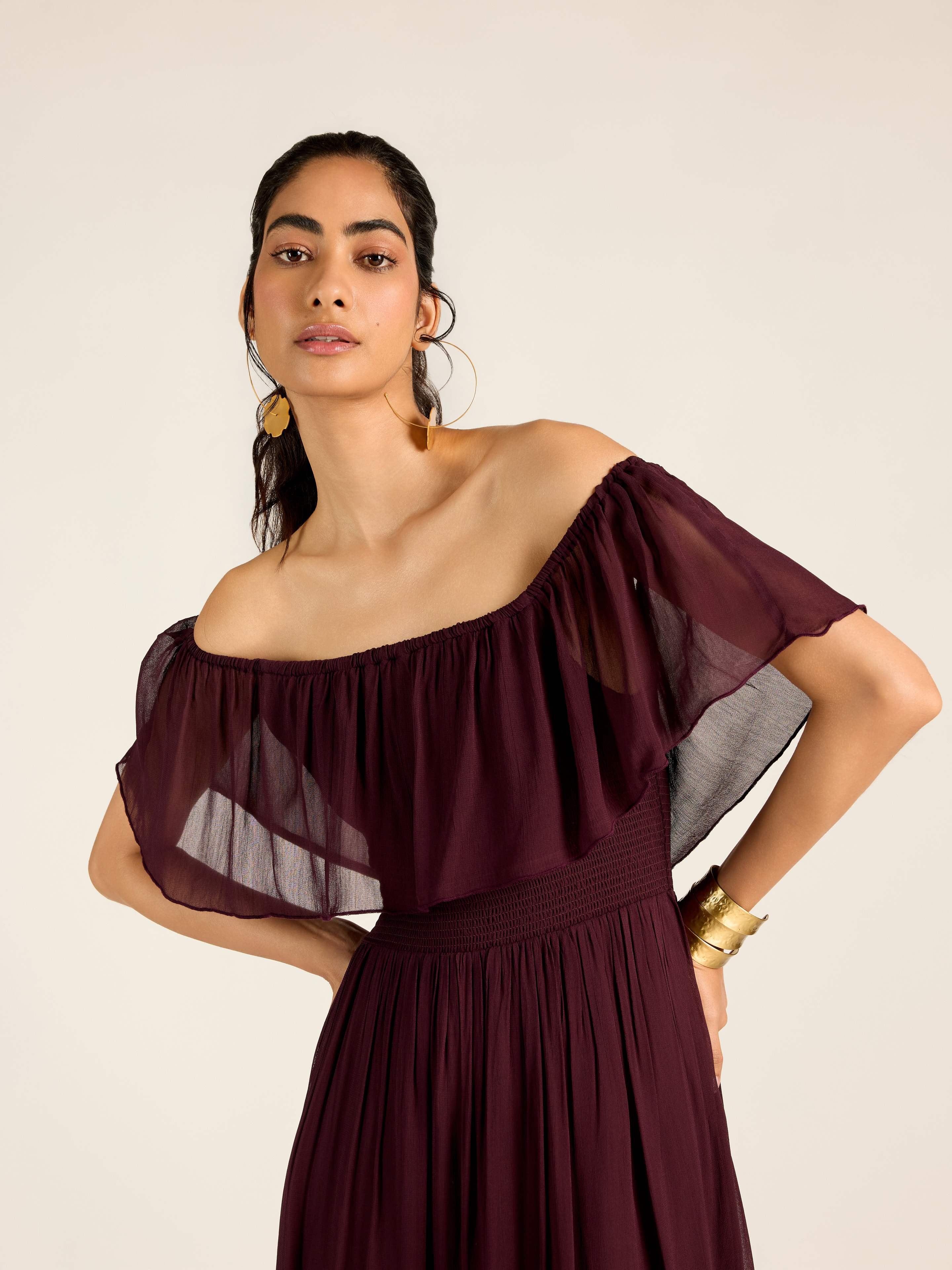 BROWN MARGO OFF-SHOULDER LONG DRESS