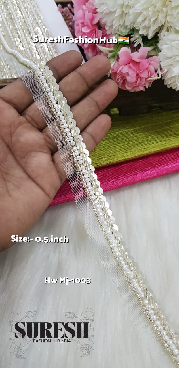 Pearl Gold Moti & Cutdhana Handmade Net Lace MJ-1003