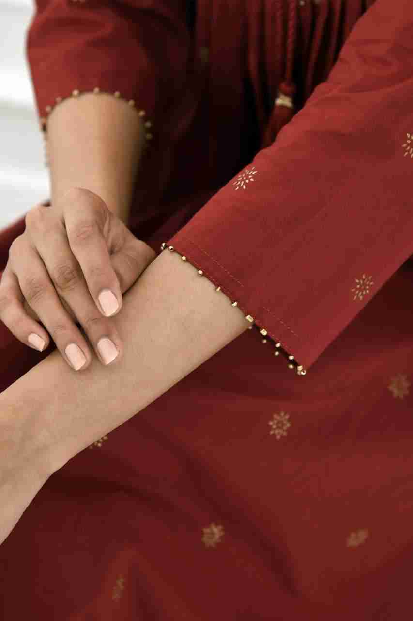 Naksh Maroon Gold Printed Pleated Kurta And Solid Pants (Set of 2)