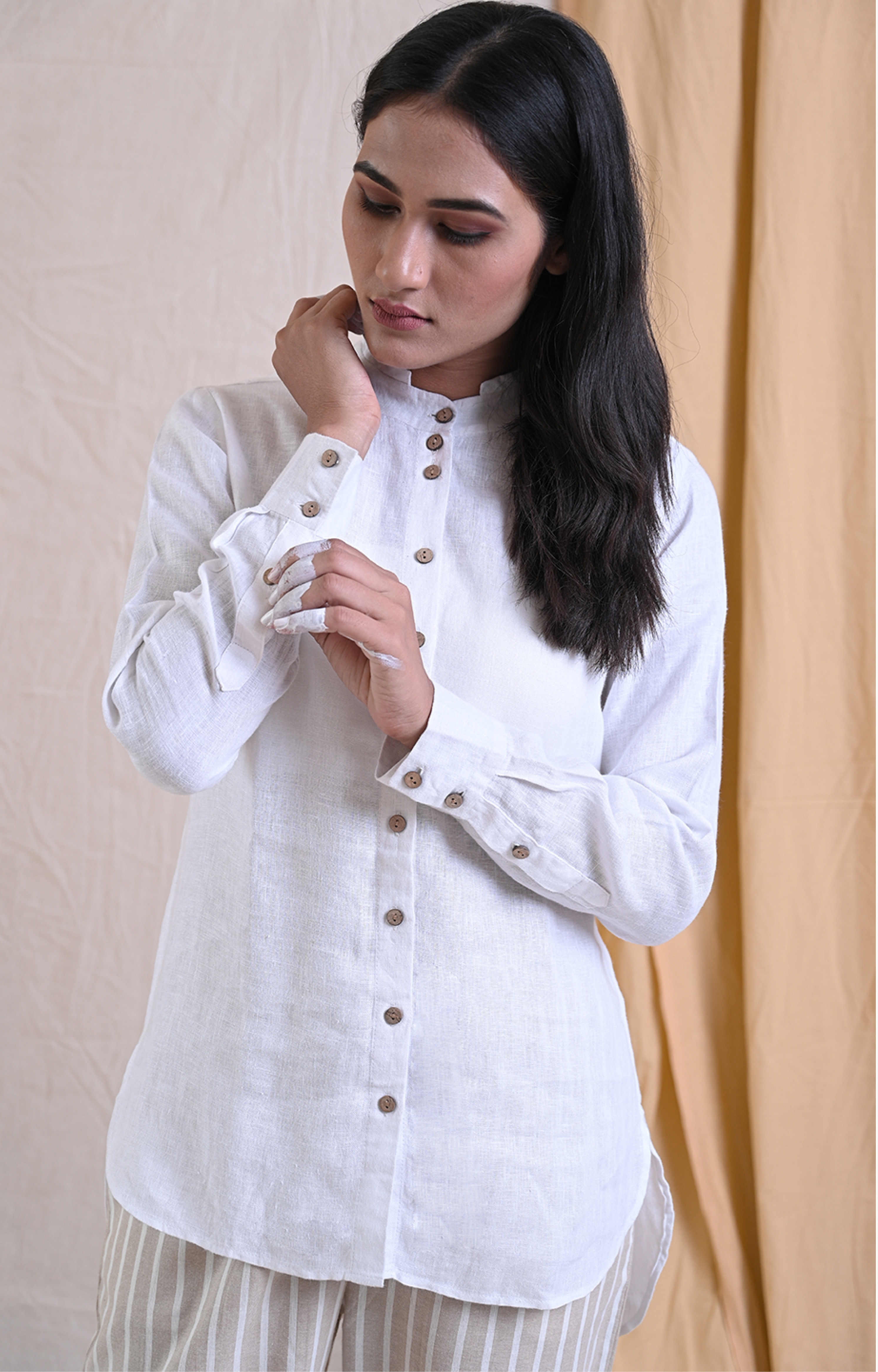 Mandarin Collared Linen Shirt - White