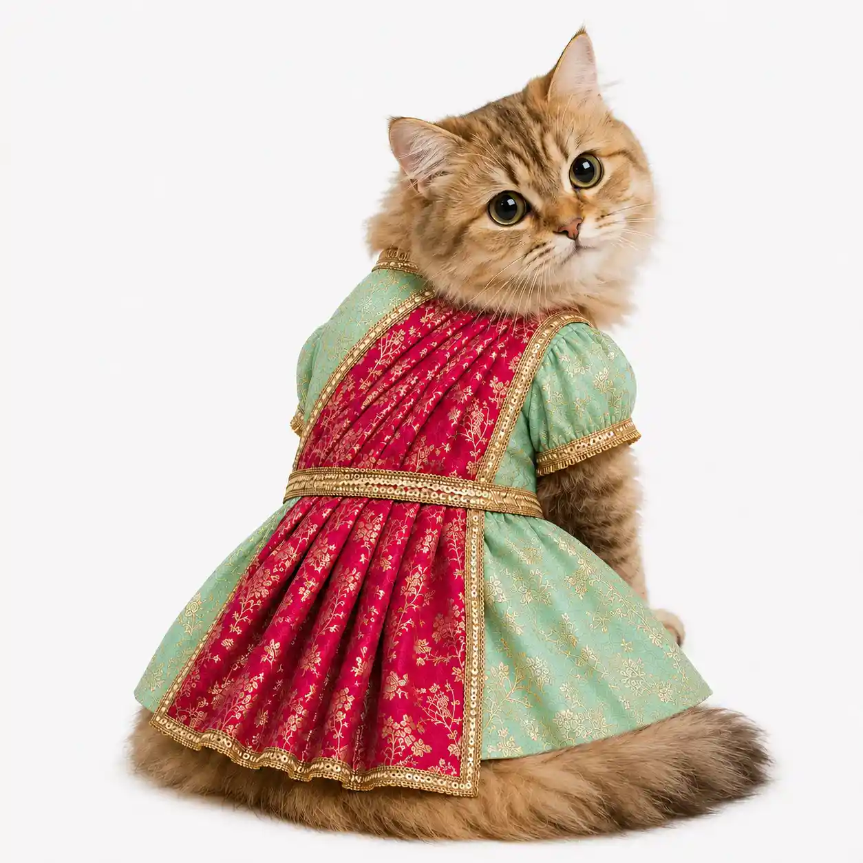PawsIndia Traditional Heavy Brocade Zari Saree for Cats - Ice Blue & Pink