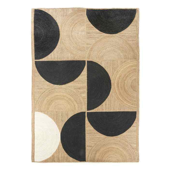 Geometric Half-Moon Pattern Handwoven Jute Rug – Natural, Black & Ivory Patchwork Design