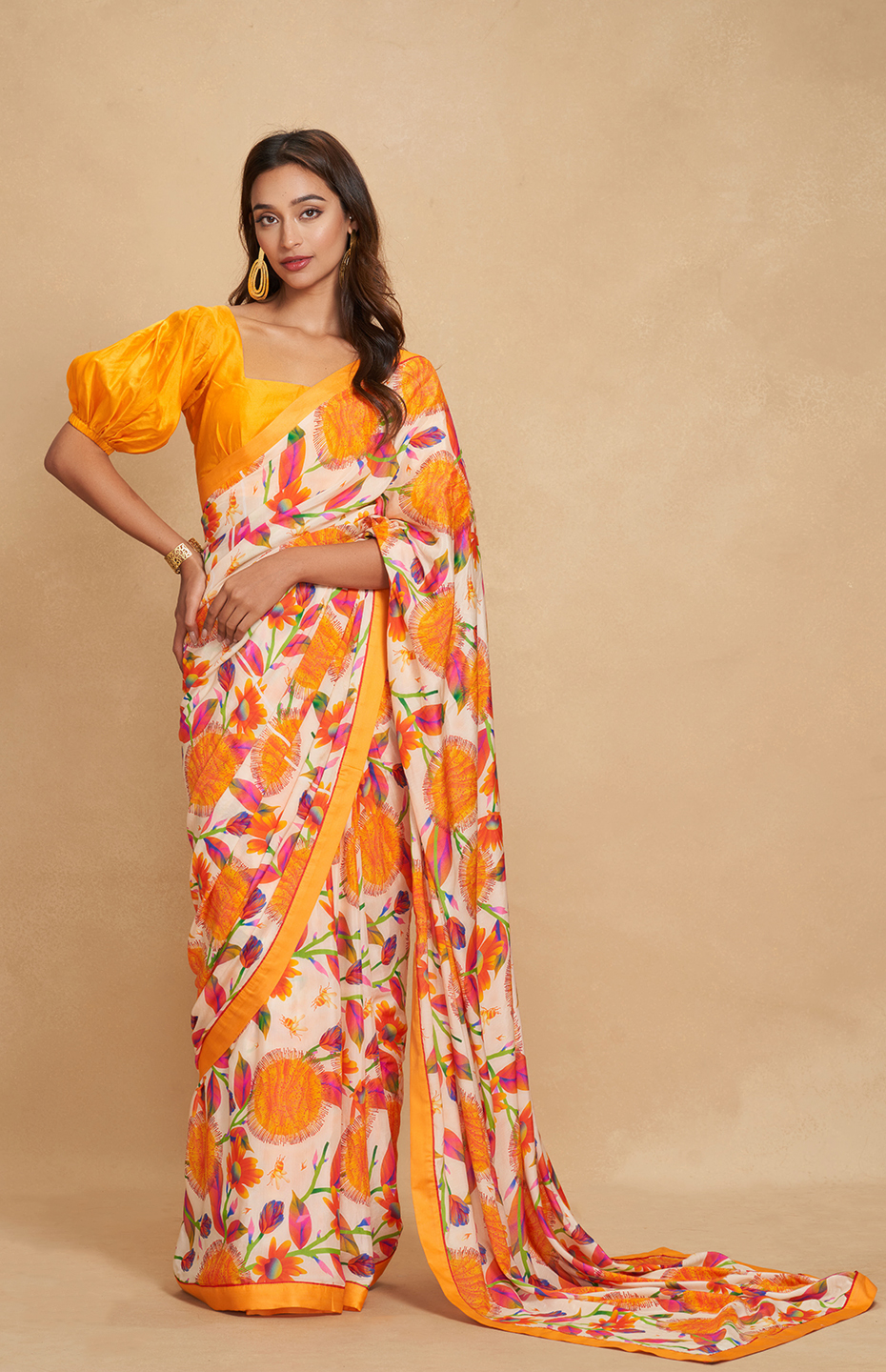 Orange Printed Saree