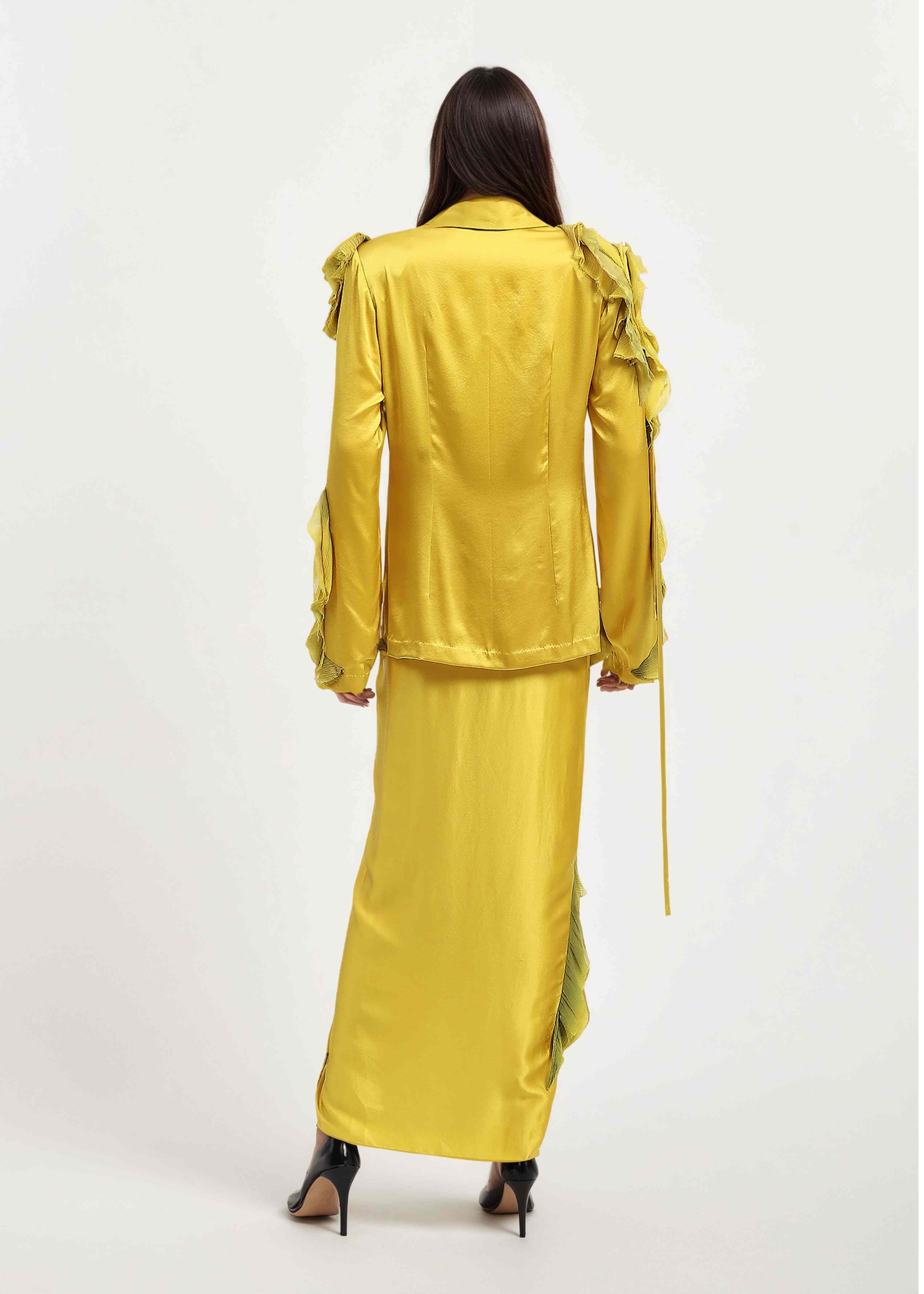 AKOK Yellow Silk Satin blazer with knotted ruffle skirt Co-ords