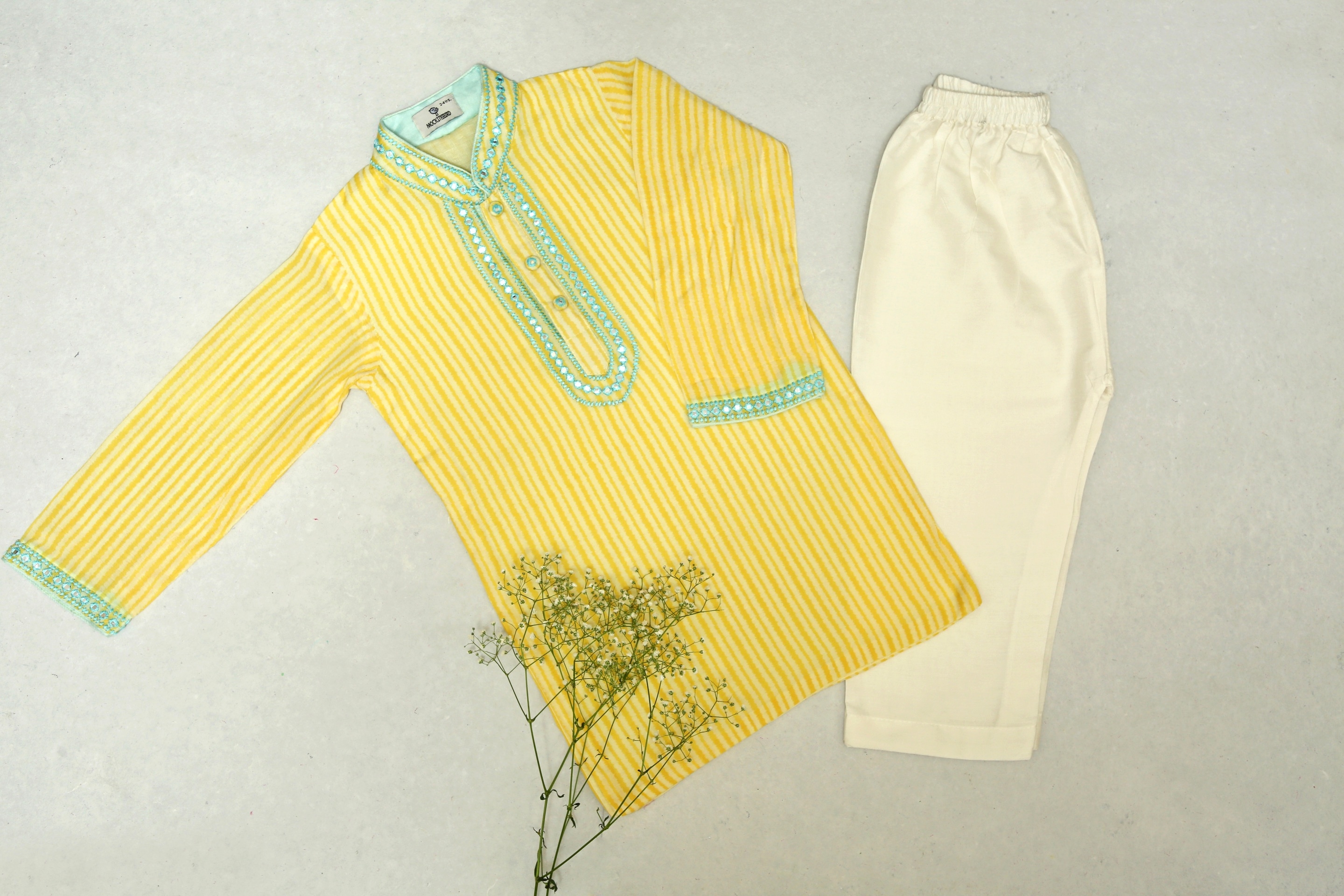 Yellow and White Stripe Kurta with Ivory Pyjama