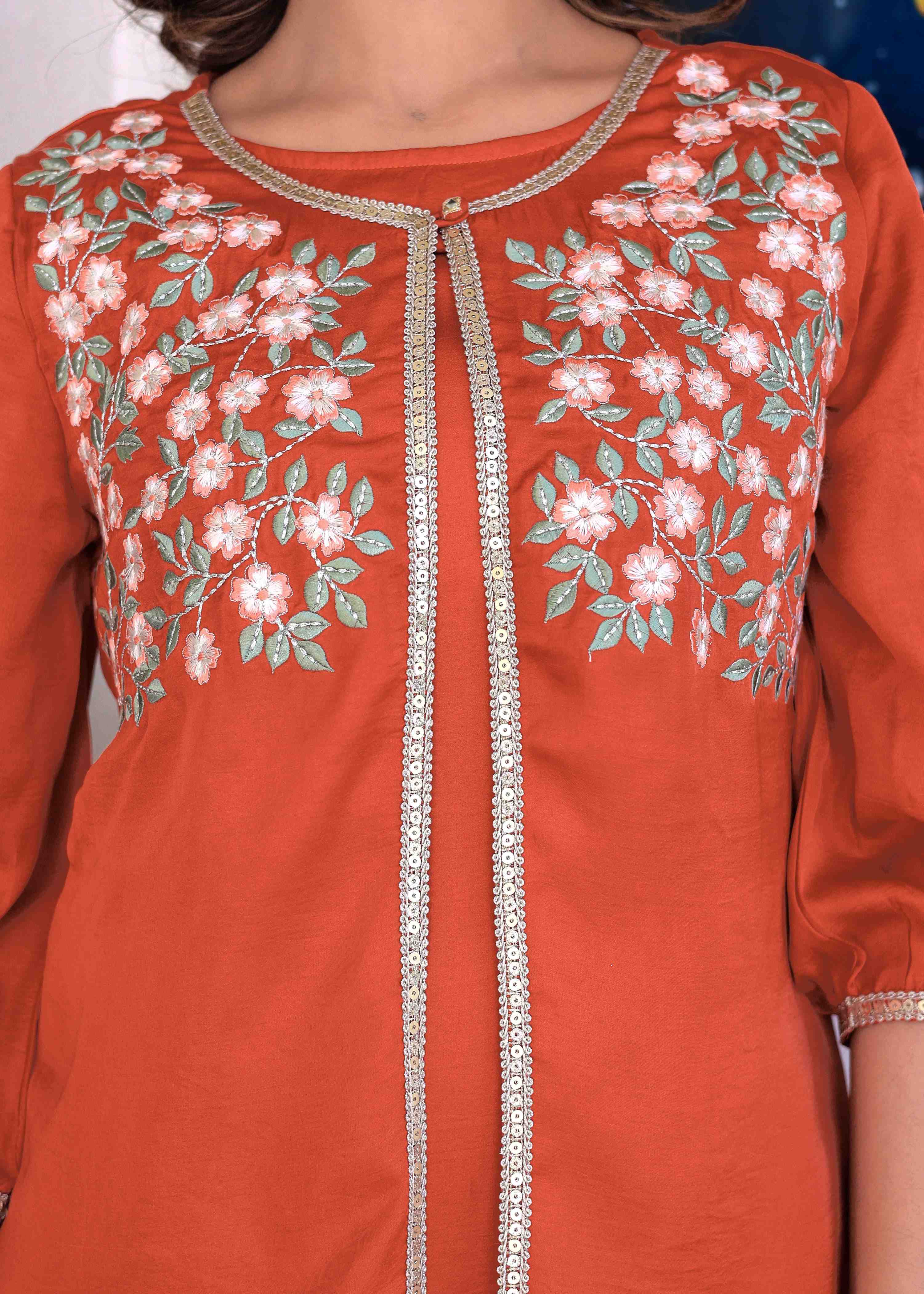 RUST JACKET STYLE EMBROIDERED CO-ORD SET
