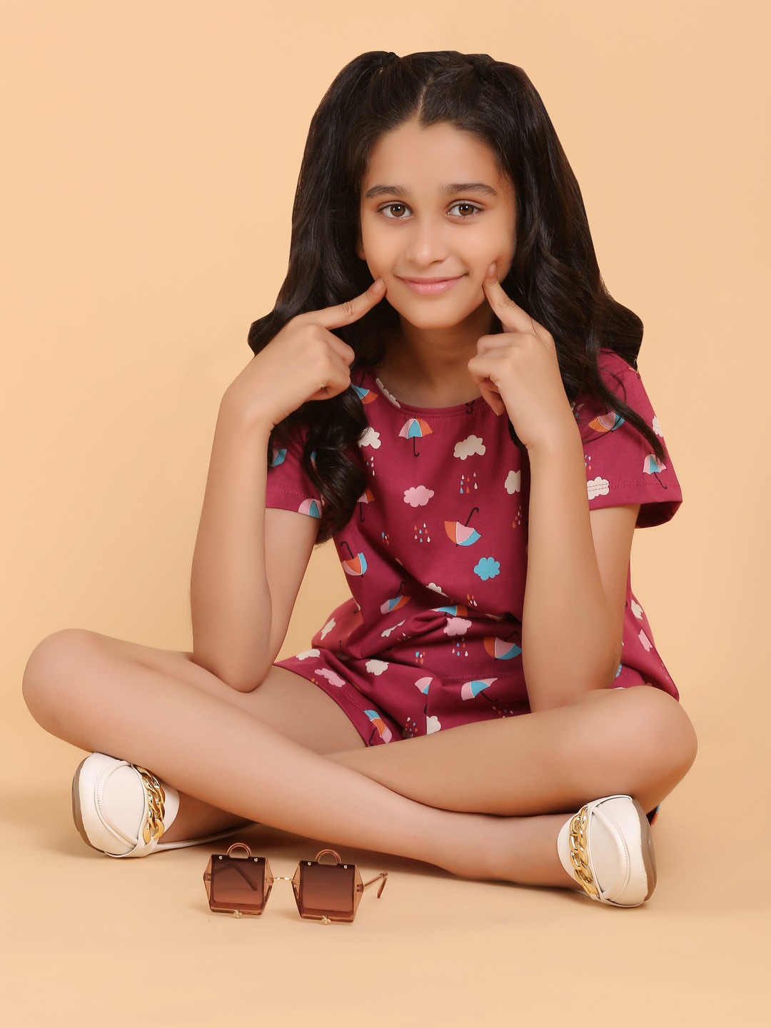 Ninos Dreams Girls 100% Cotton Night suit Umbrella Print with Top & Shorts-Maroon