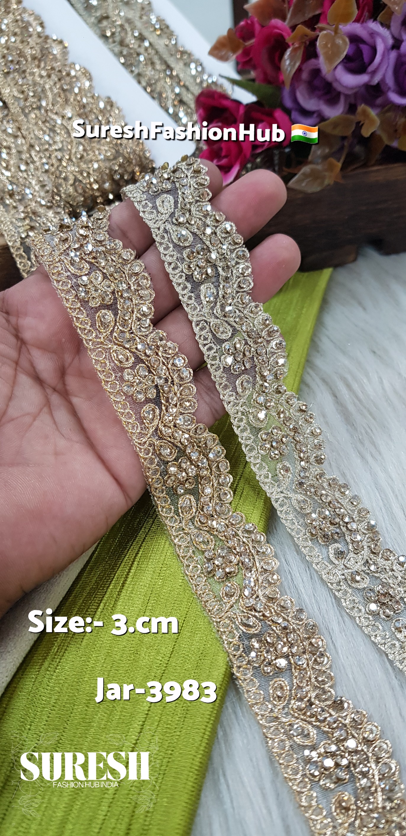 Jar-3983 Pearl & Gold Organza Dori Diamond Lace – 3 cm