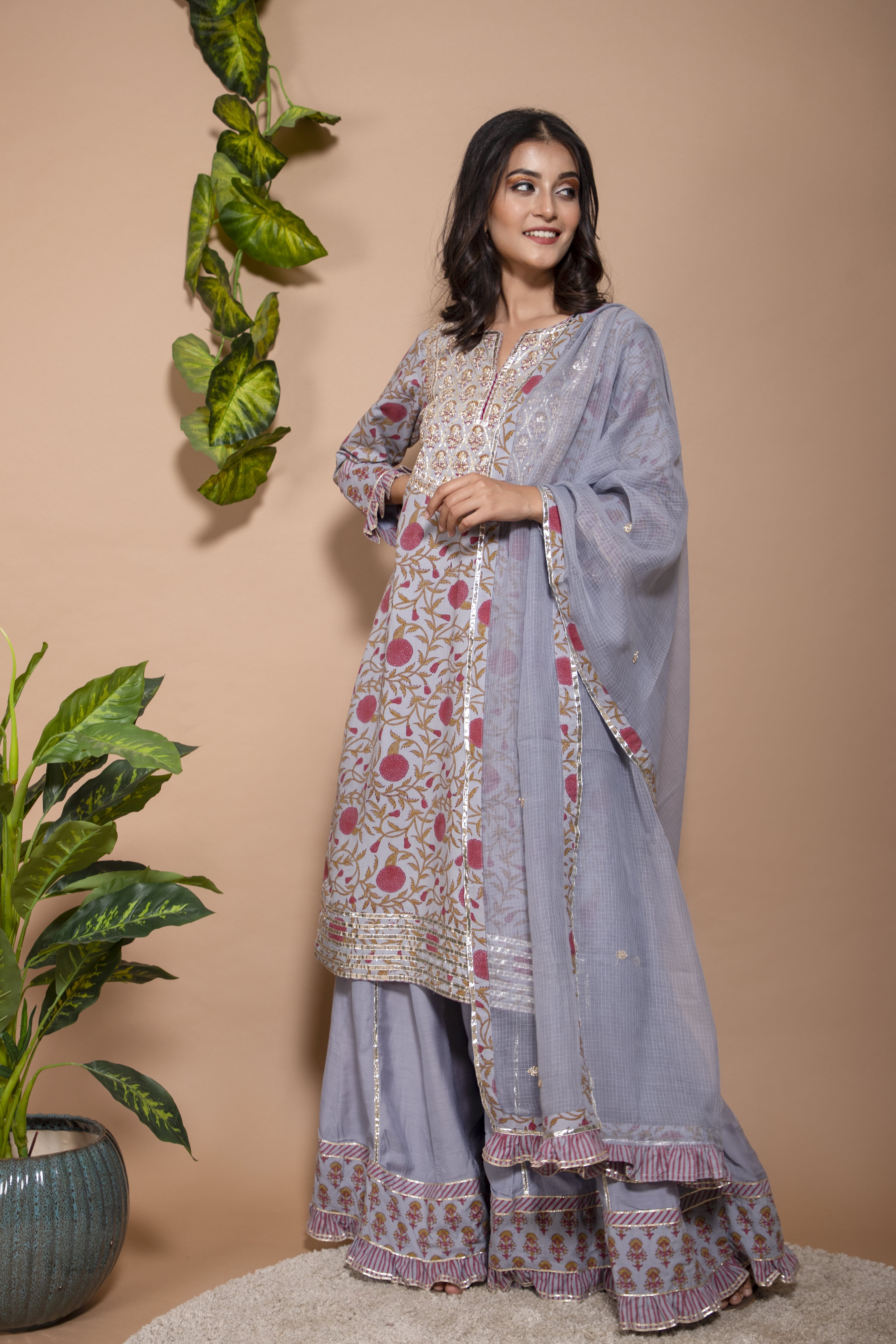 KAARAH BY KAAVYA | Block printed straight fit kurta with patch work on the sharara undefined
