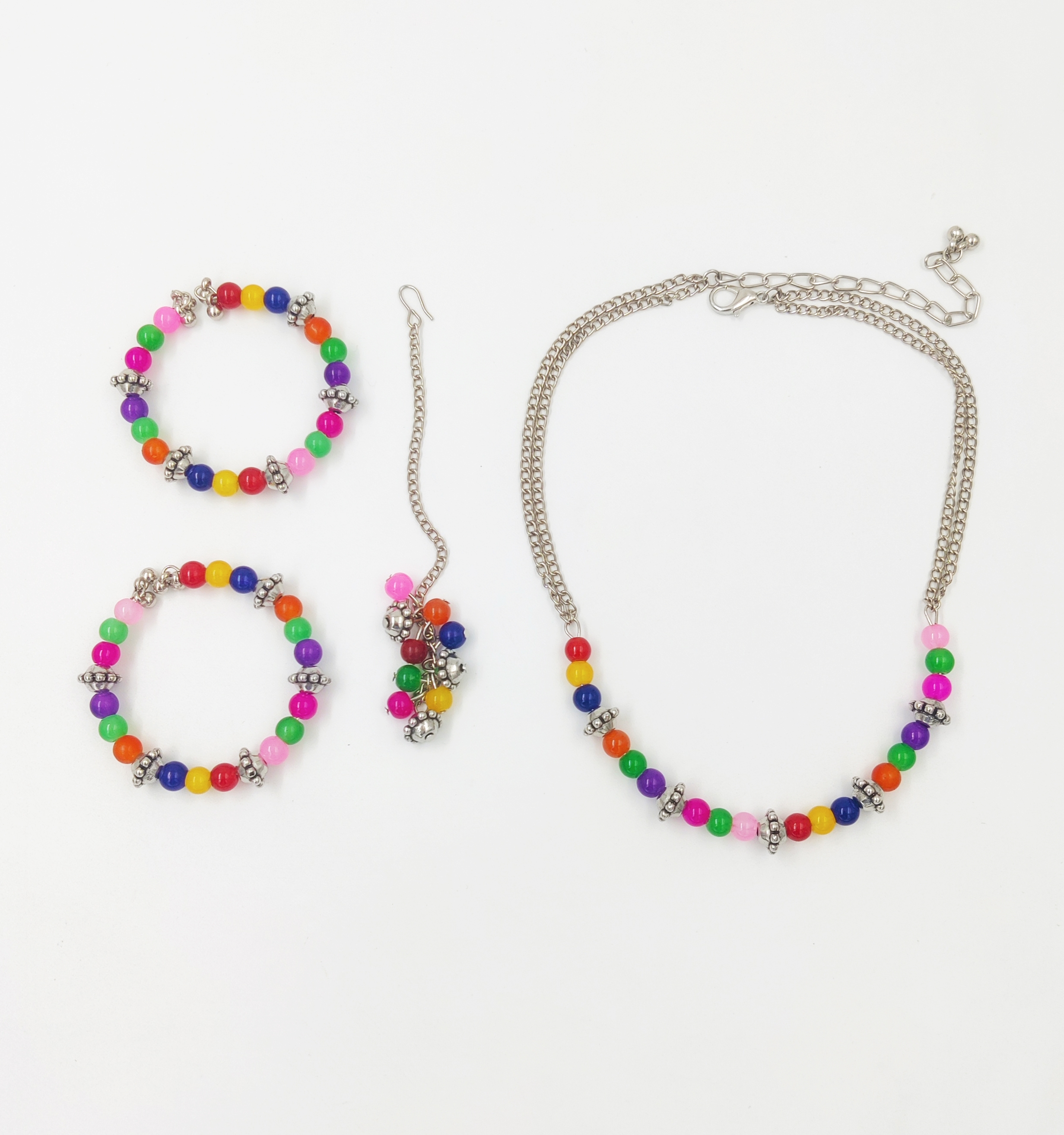 Roohi Beaded Necklace, 2 Bracelet & Maang Teeka Set- Multicoloured