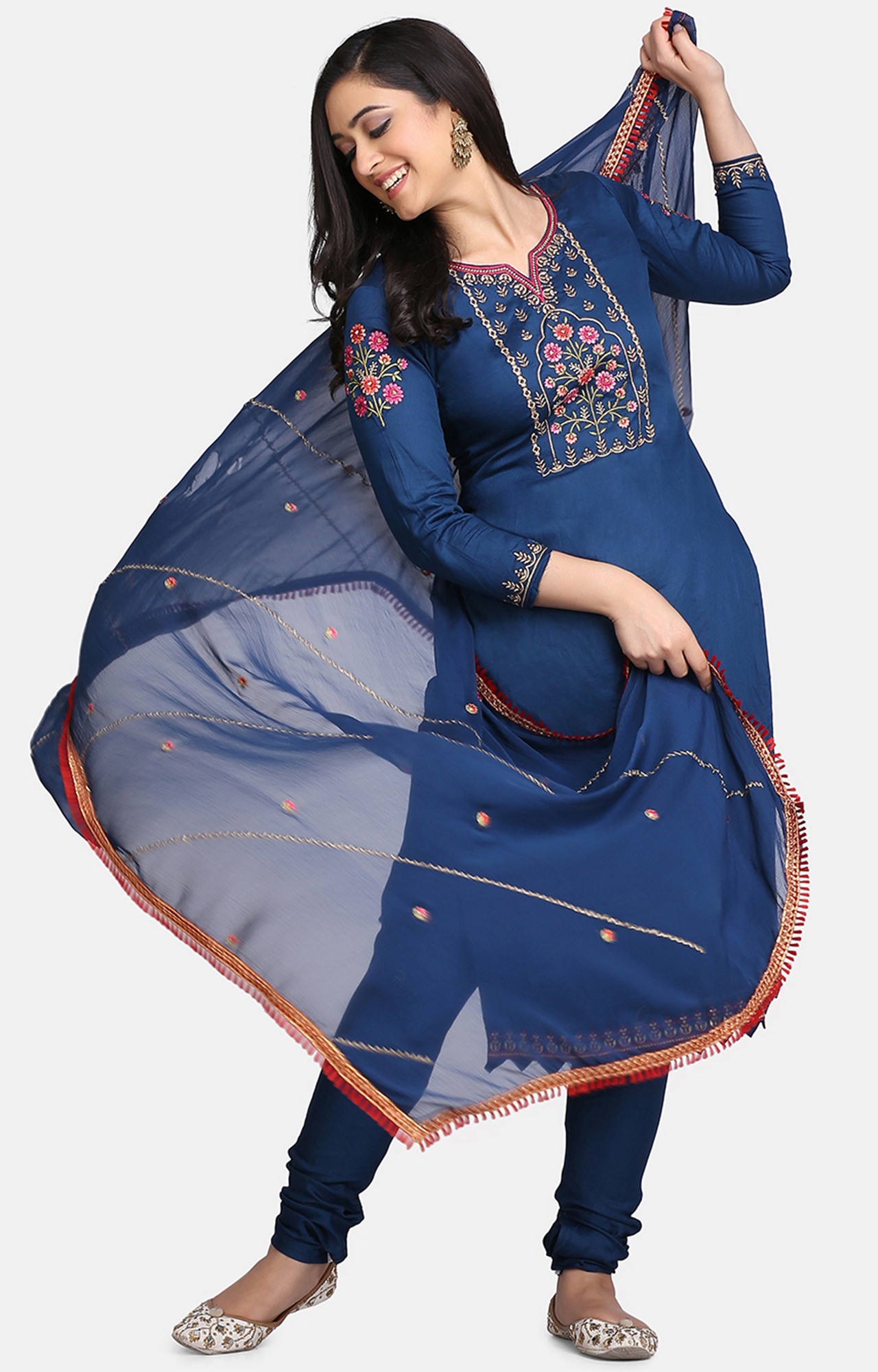 Navy Blue Color Cotton Embroidered Unstitched Dress Material-FL_PANKHUDI1095_DM