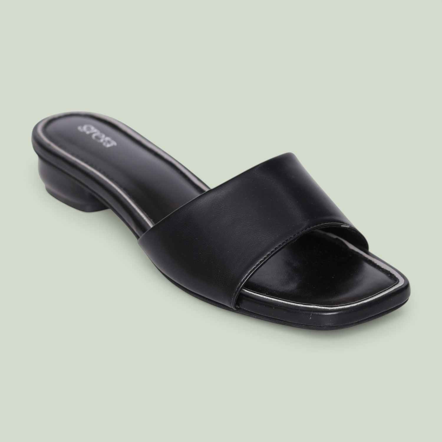 greta | Women’s Stylish Slip-On Black Slides with Small Heel|0