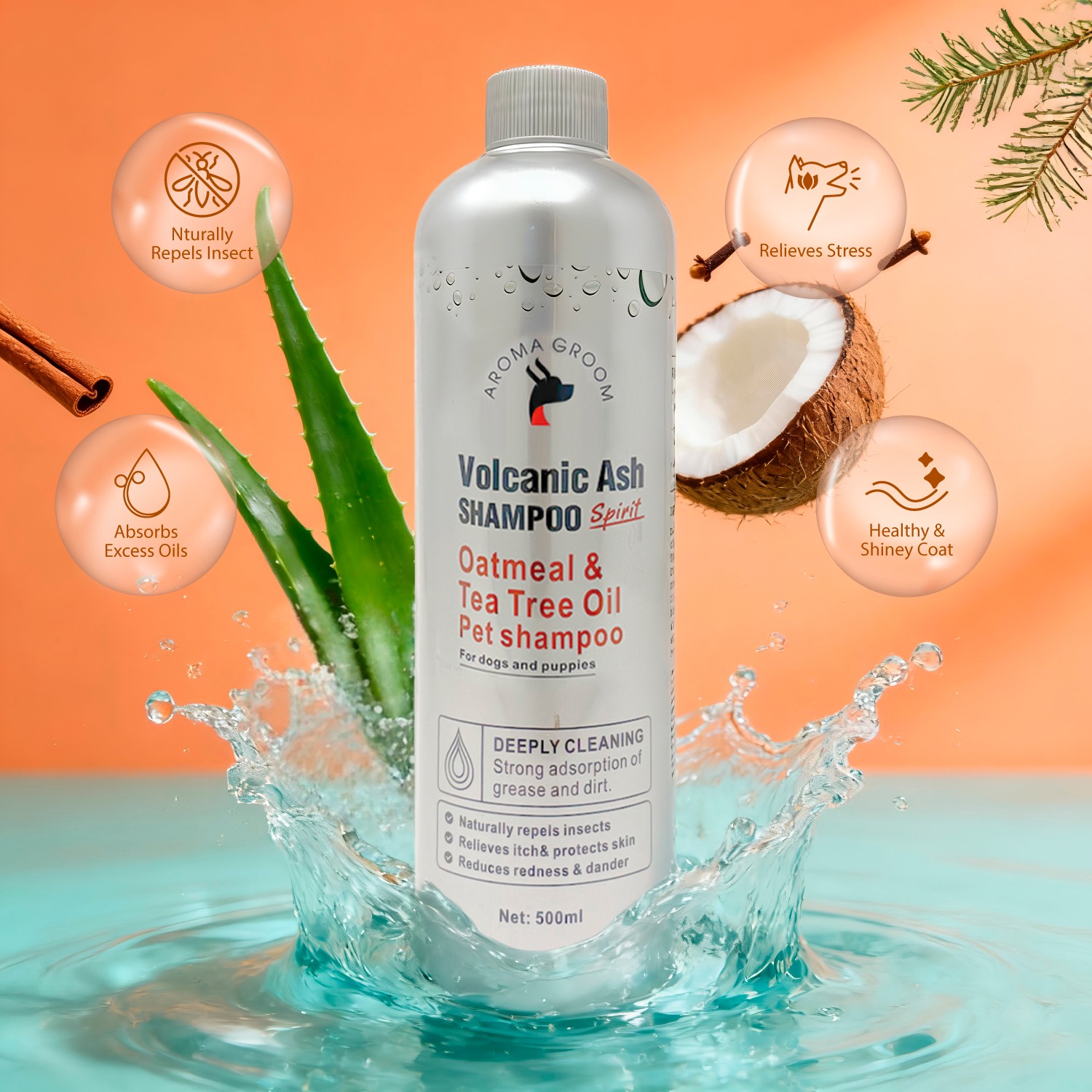 Aroma Groom Volcanic Ash Oatmeal & Tea Tree Oil Shampoo, 500 ml