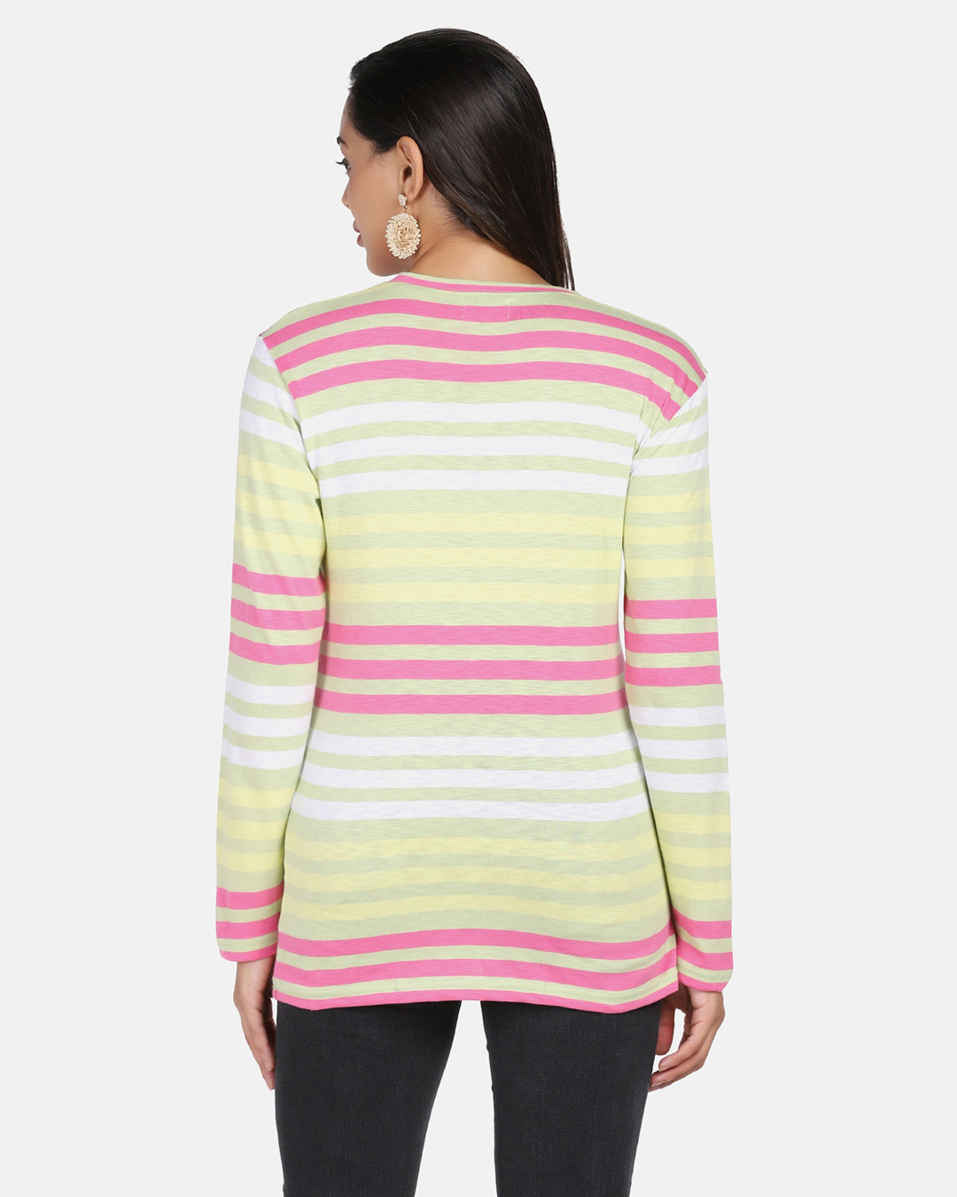 Full Sleeves Pink & Green Striped T Shirt