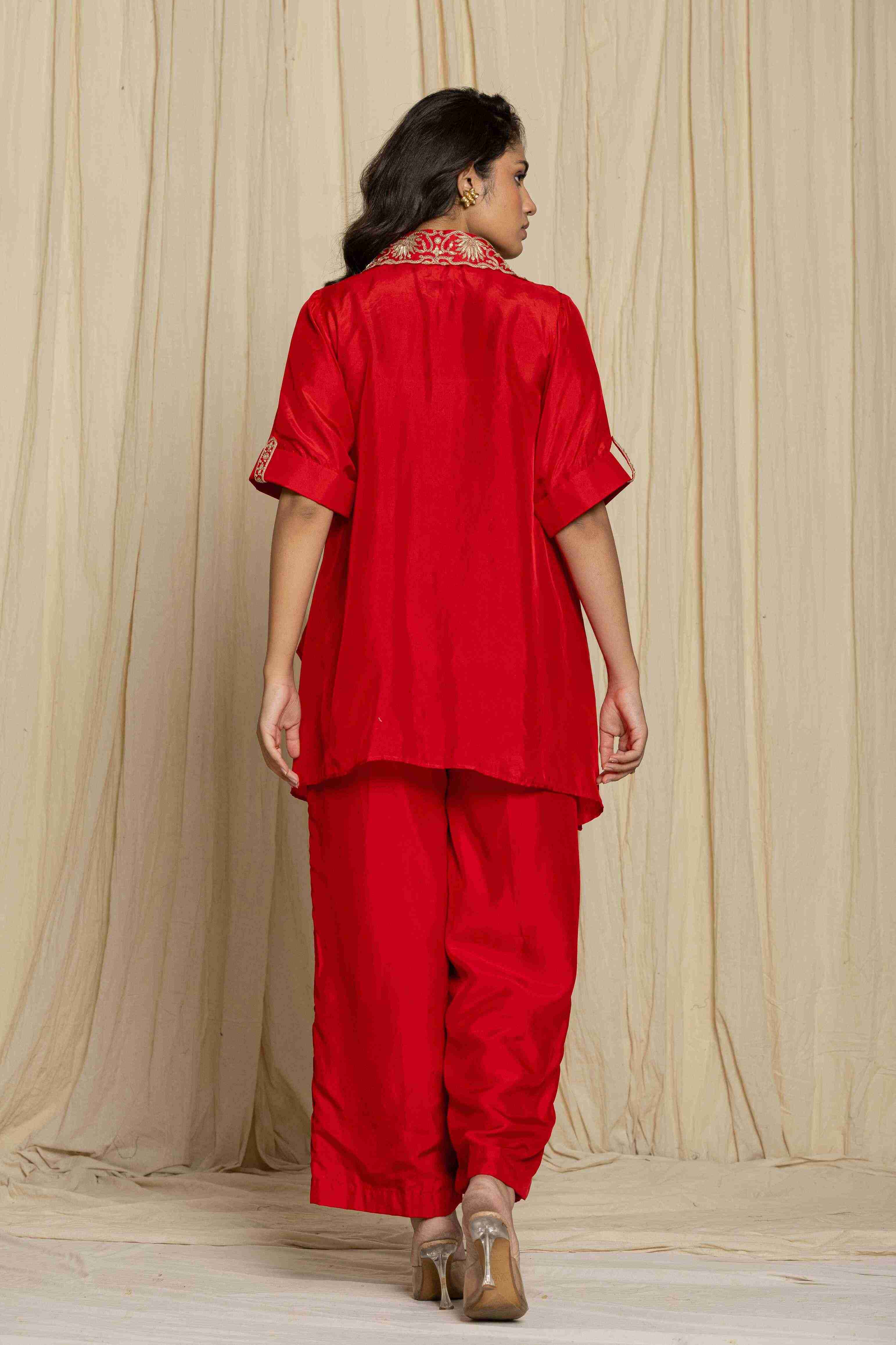 Red silk hand work co-ord set