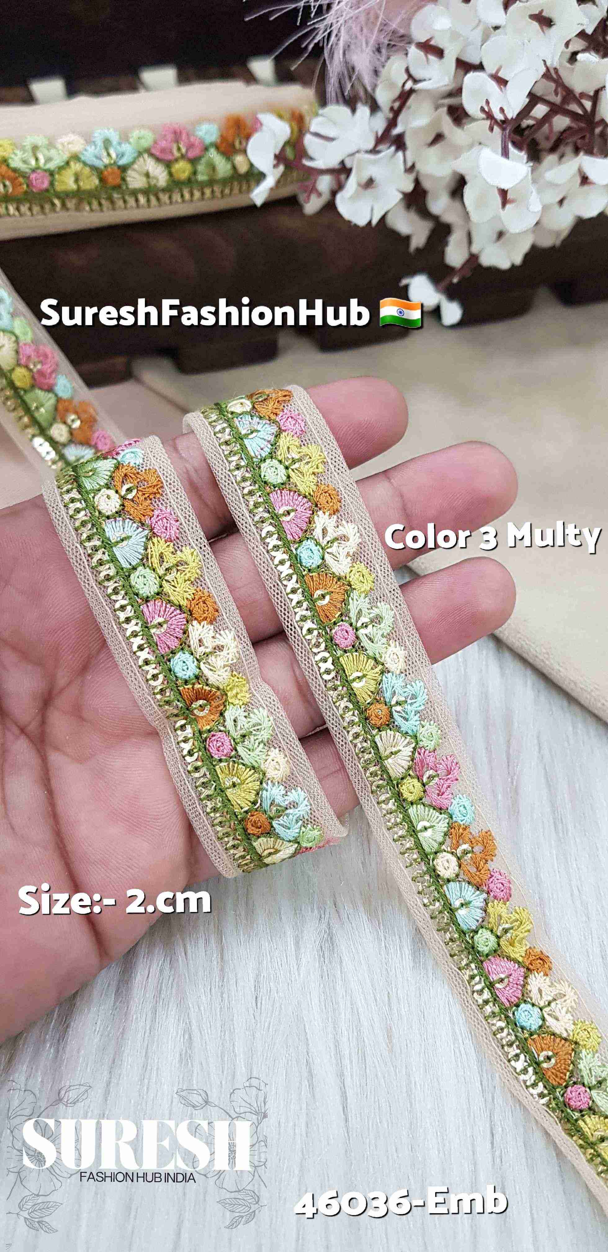 Color 3 Multi-Color Floral Embroidery Beige Net Lace