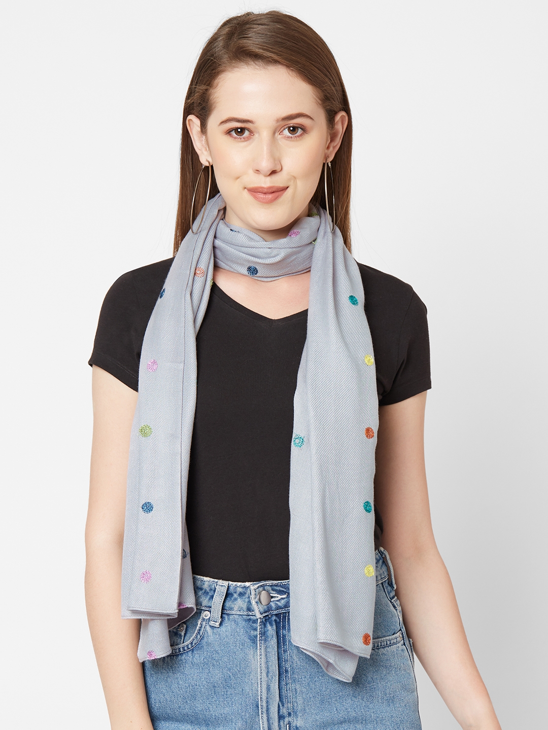 Get Wrapped | Get Wrapped Grey All Over Circle Embroidered Scarves  for Women 0
