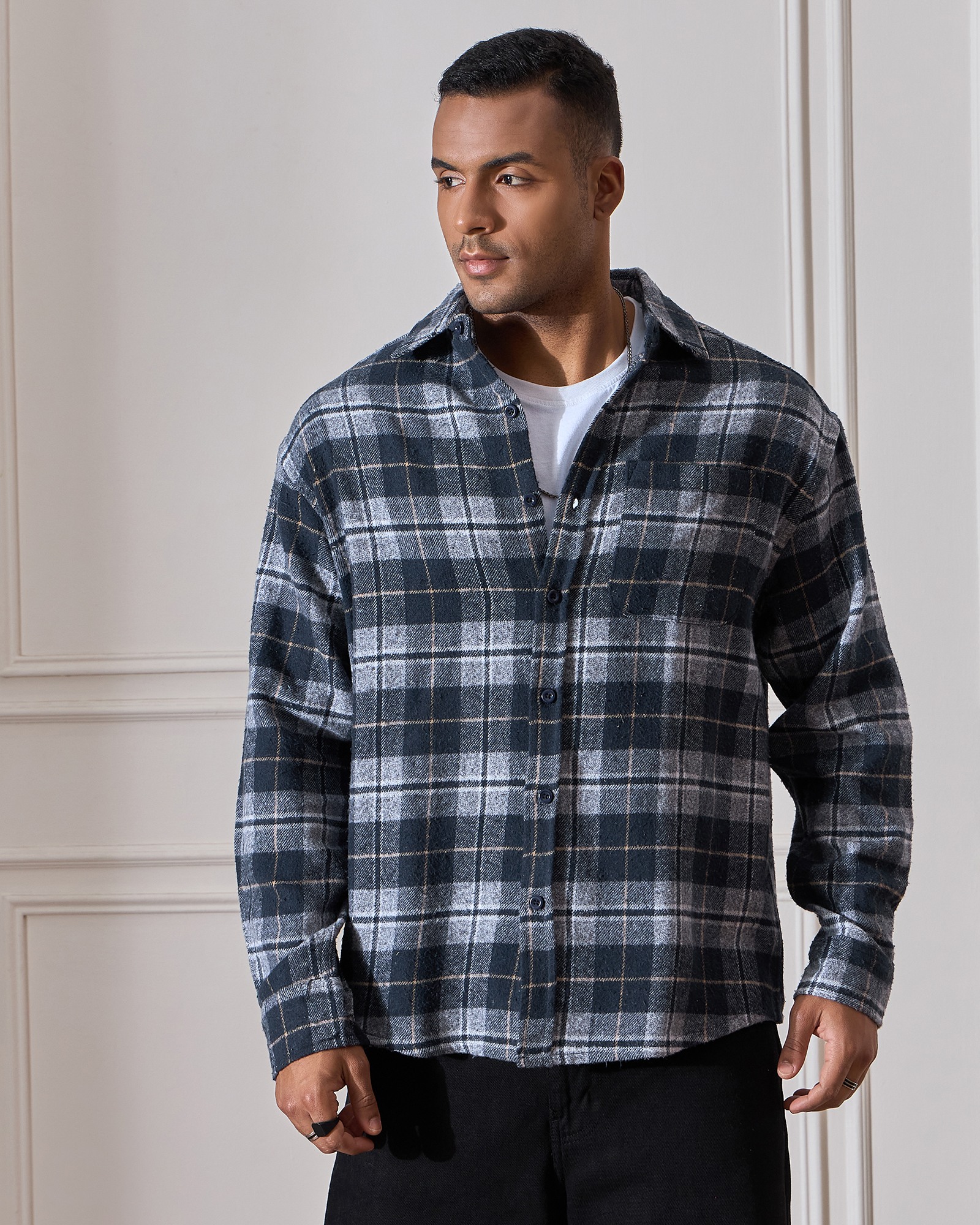 Chimpaaanzee Men Navy & Grey Oversized Fit Shirt