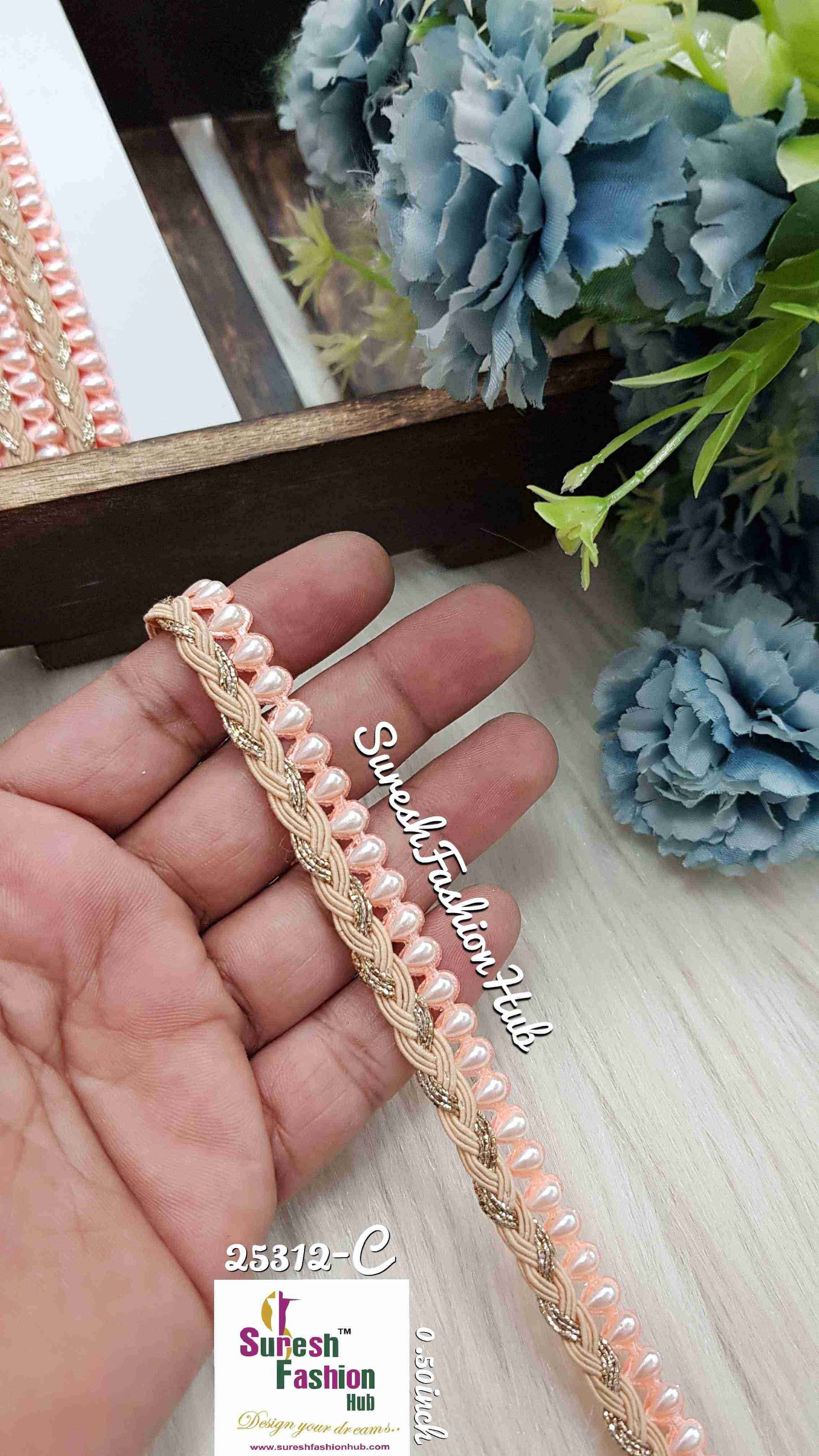 Here are some SEO-optimized ALT text suggestions for your lace products:  1. "Luxurious Pearl Shade Jhalar Lace - Glitter Embellished Trim" 2. "Machine-Made Scalloped Lace - Elegant Border for Sarees" 3. "Gota and Zari Lace for Sarees - Traditional Ethnic Embellishment" 4. "Decorative Jhalar Lace with Glitter Dori - Fe