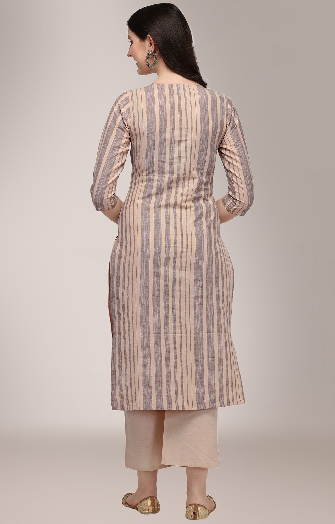 Women Beige Striped Print Casual Kurta - SNJH_HRK005BRWN