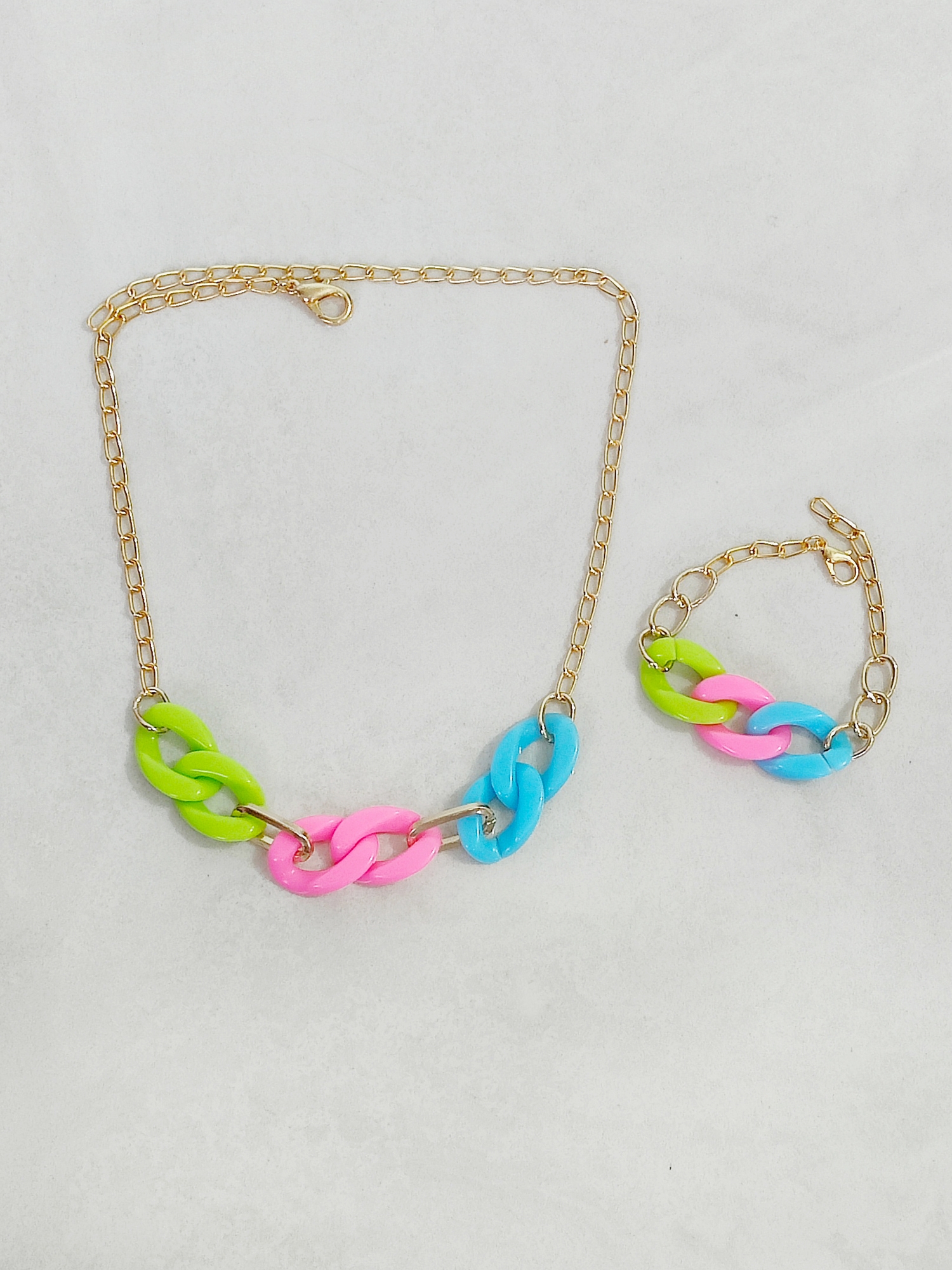 Unicorn Link Necklace & Bracelet Set- Pink, Green, Blue