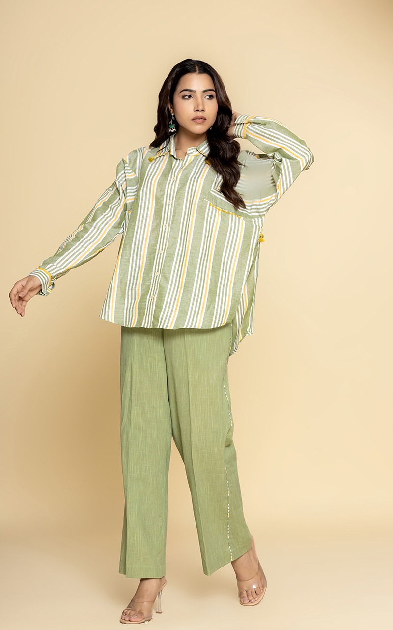 Green and yellow striped linen shirt and pants
