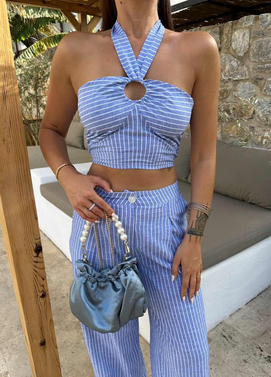 Blue halter neck crop top and pants striped co ord set