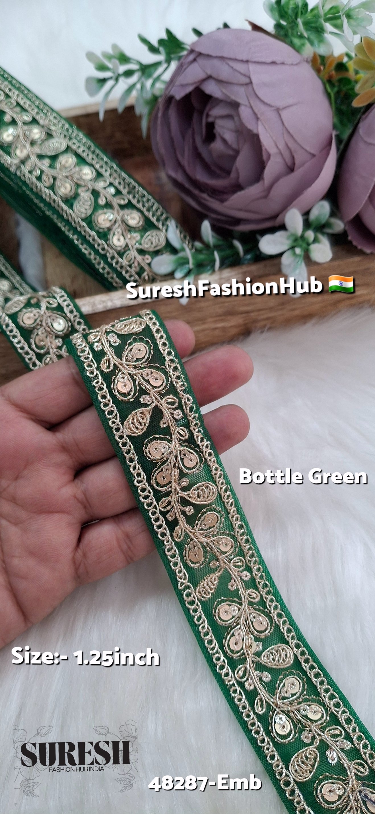 Bottle Green Pearl Dori Zari Embroidery Border Lace