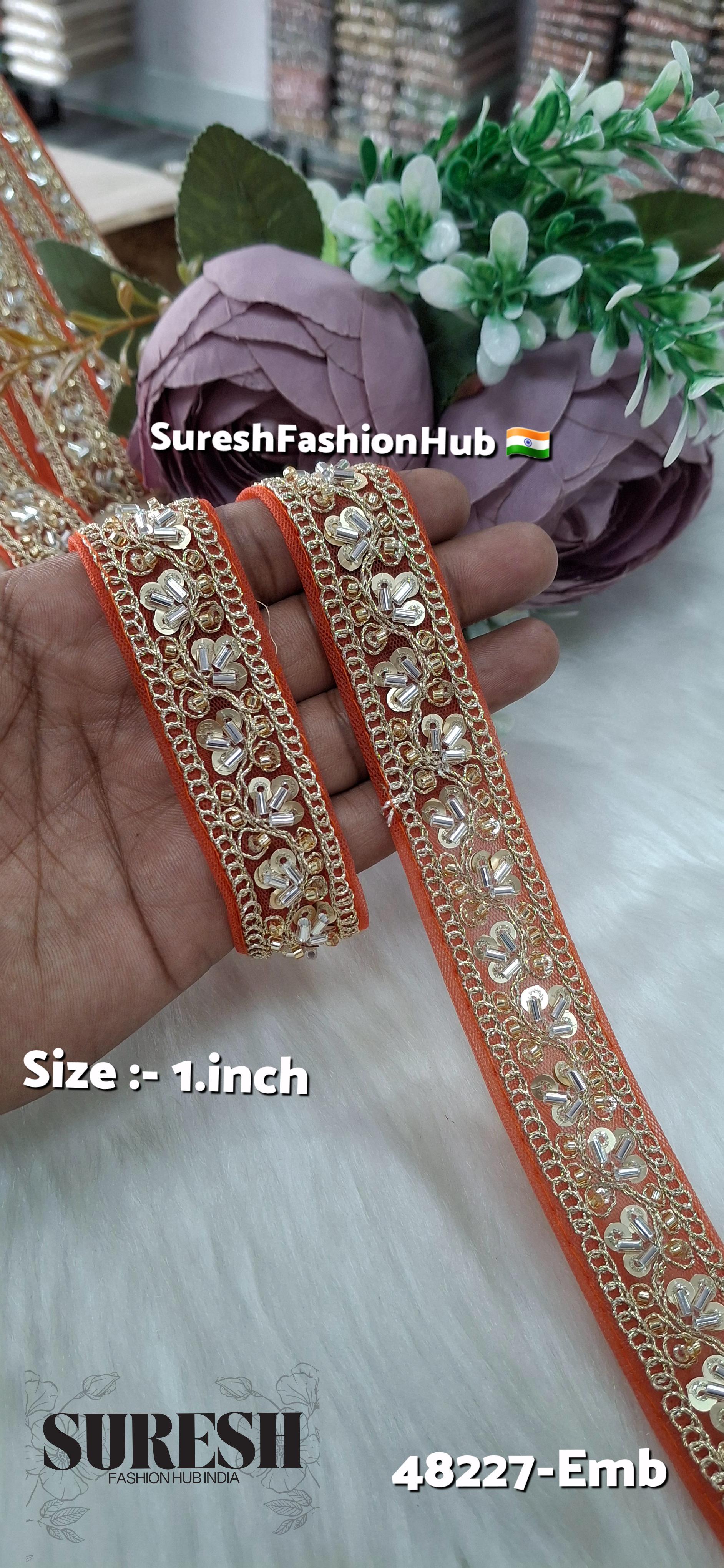 Orange Pearl Embroidery Net Lace