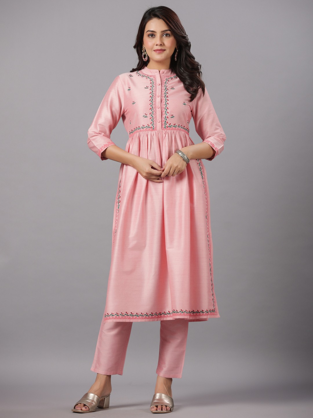 Pst Embroidery Gathered Kurta With Solid Pant