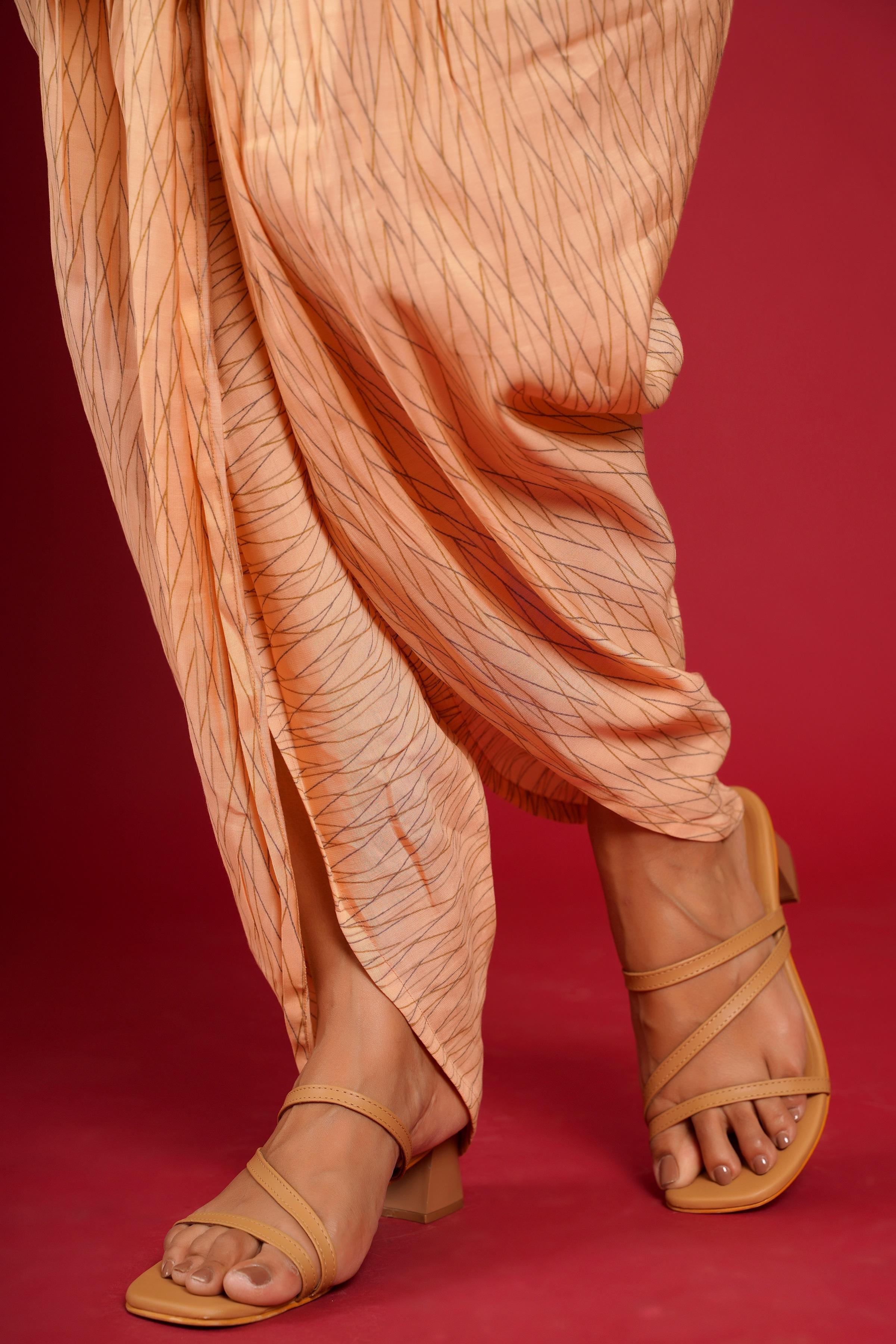 Peach Printed Kurta With Dhoti Pant