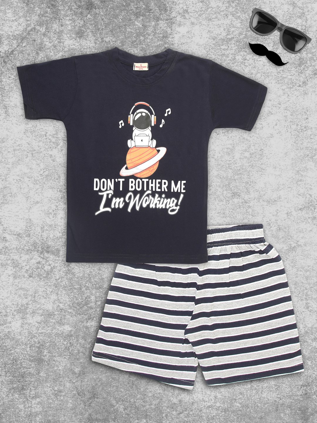 Ninos Dreams Astronaut Print Boys Night Suit with Striped shorts Half sleeves-Navy Blue