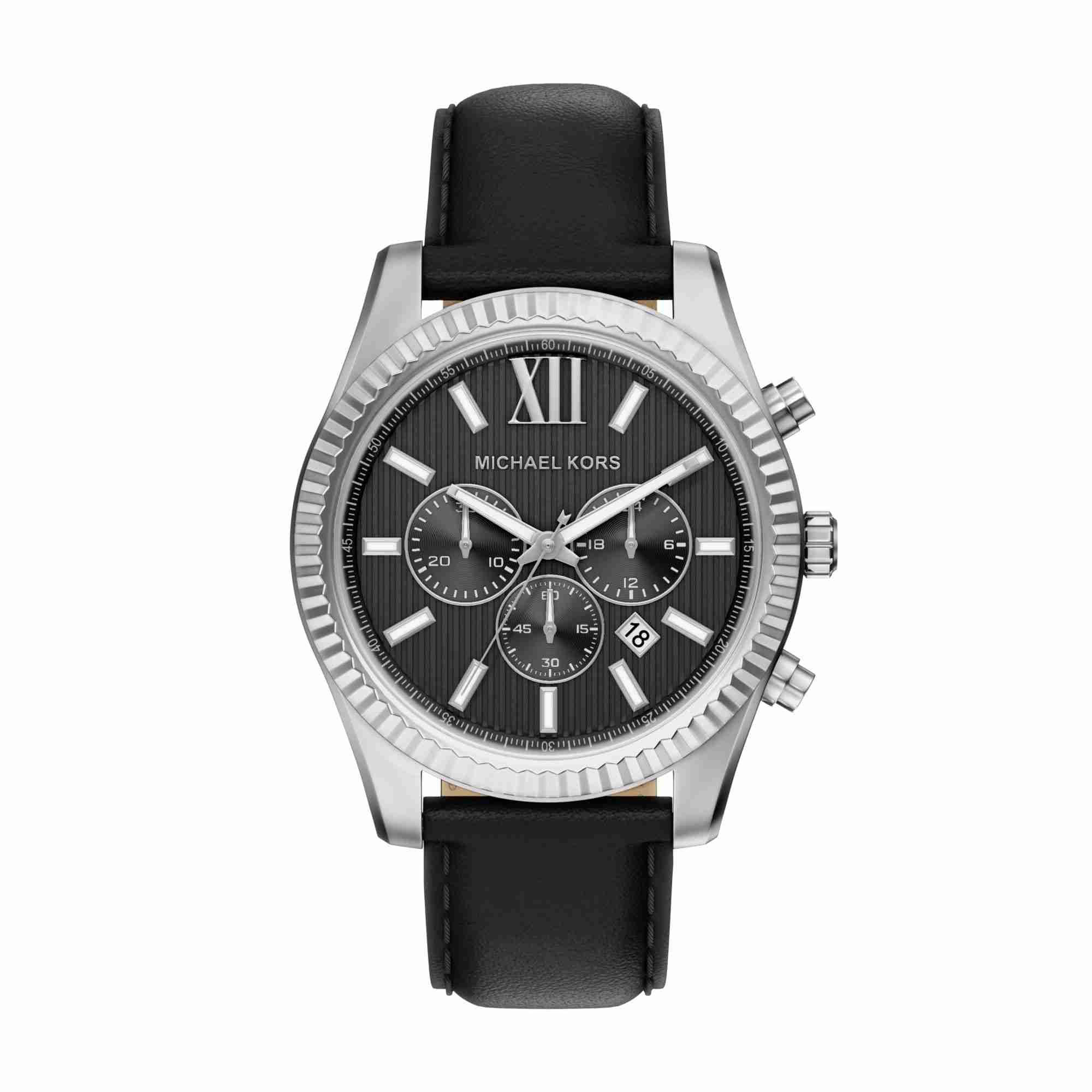 Michael Kors Oversized Lexington Silver-Tone and Leather Watch