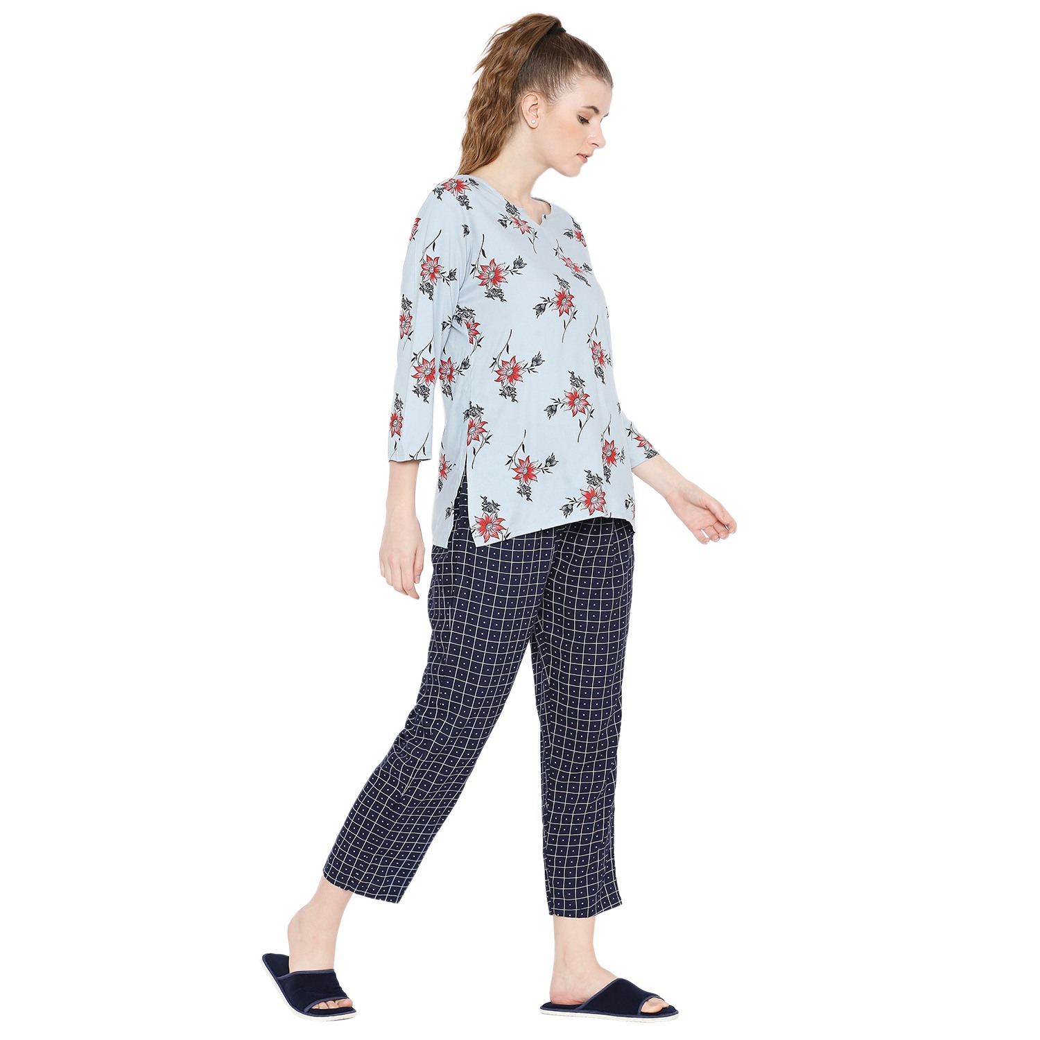 Smarty Pants women's cotton checks & floral print night suit. 