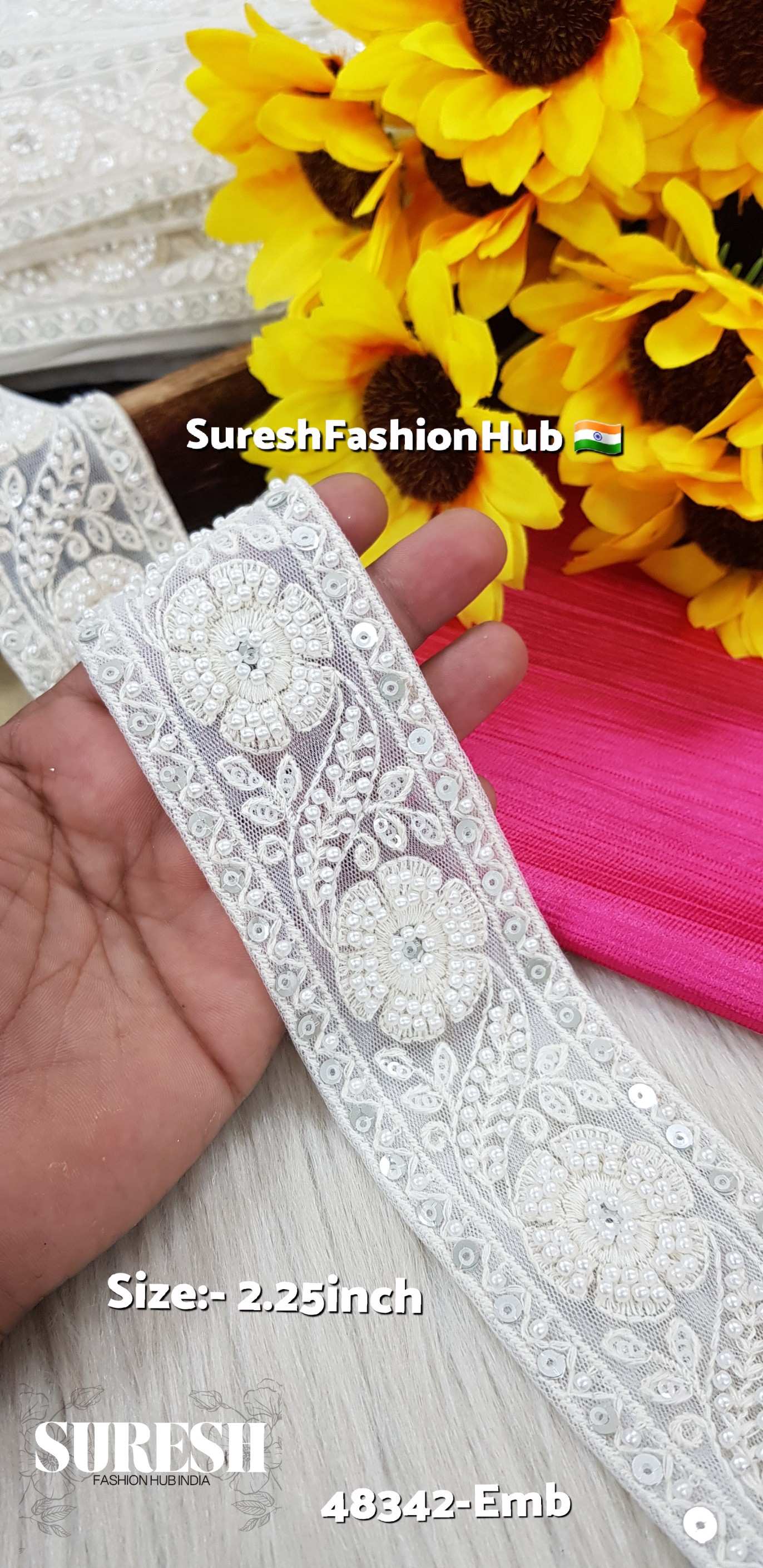 Off-White Floral Pearl Embroidery Lace – 48342-Emb