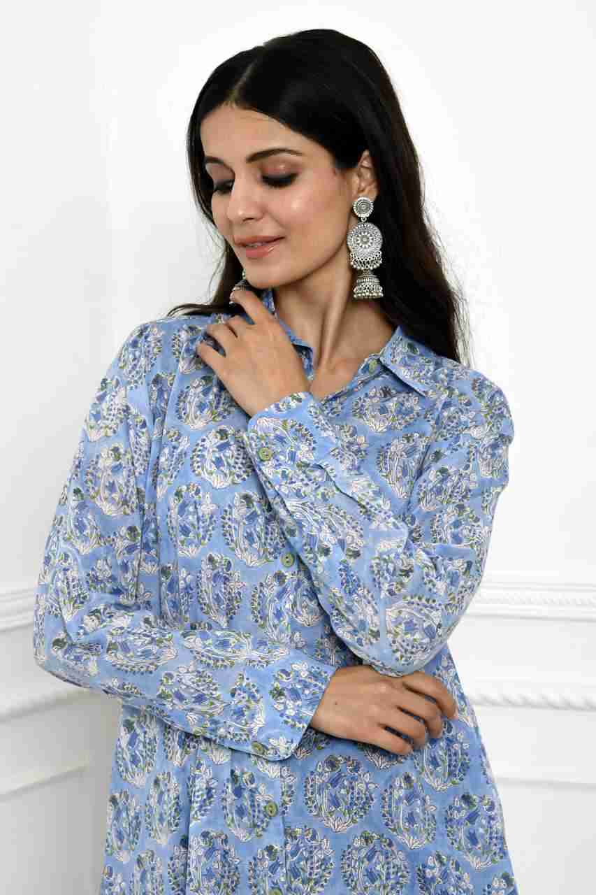 Naksh Indigo Blue Block Printed Long Shirt Kurta With Pockets