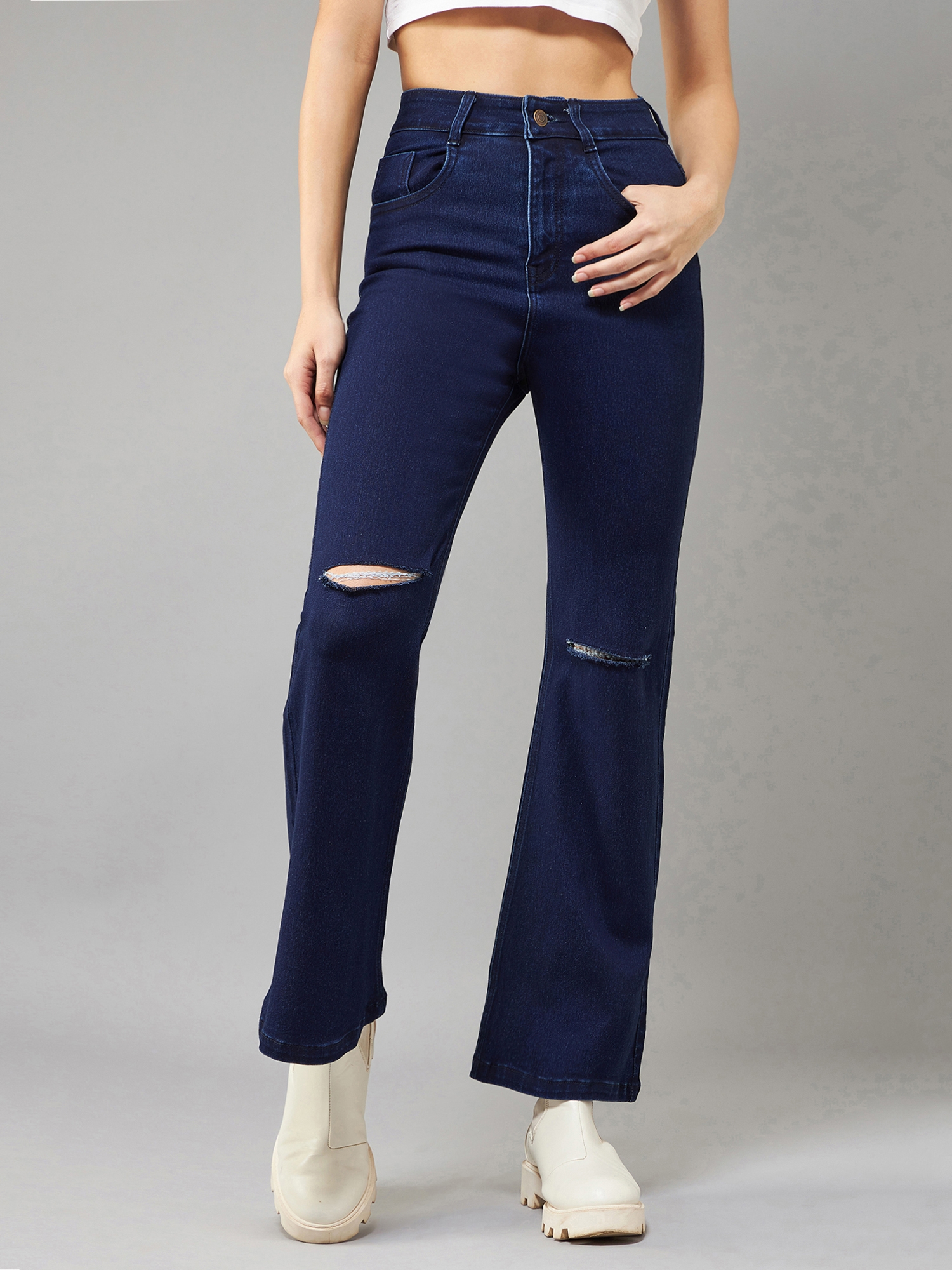 Women's Navy Blue Bootcut High Rise Clean Look Regular Stretchable Denim Jeans