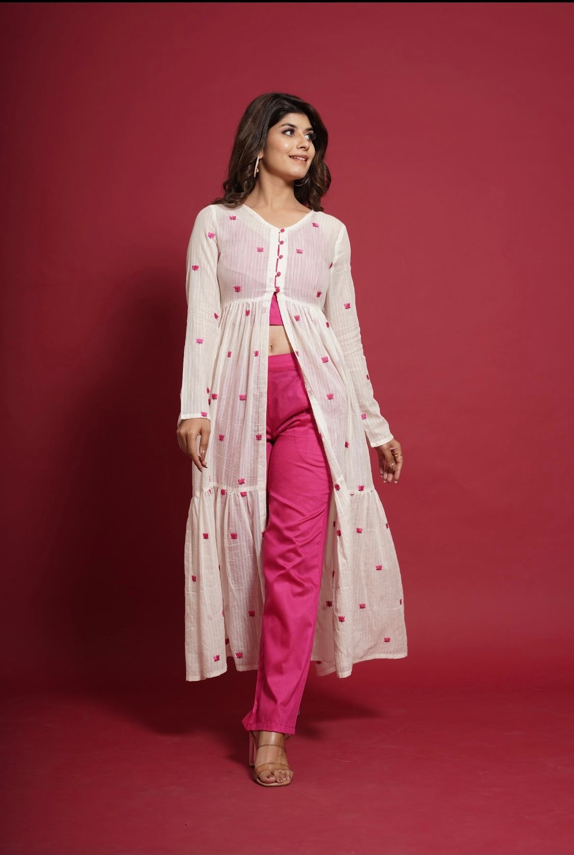 Pst Solid Top & Pant With Cotton Embroidery Shrug