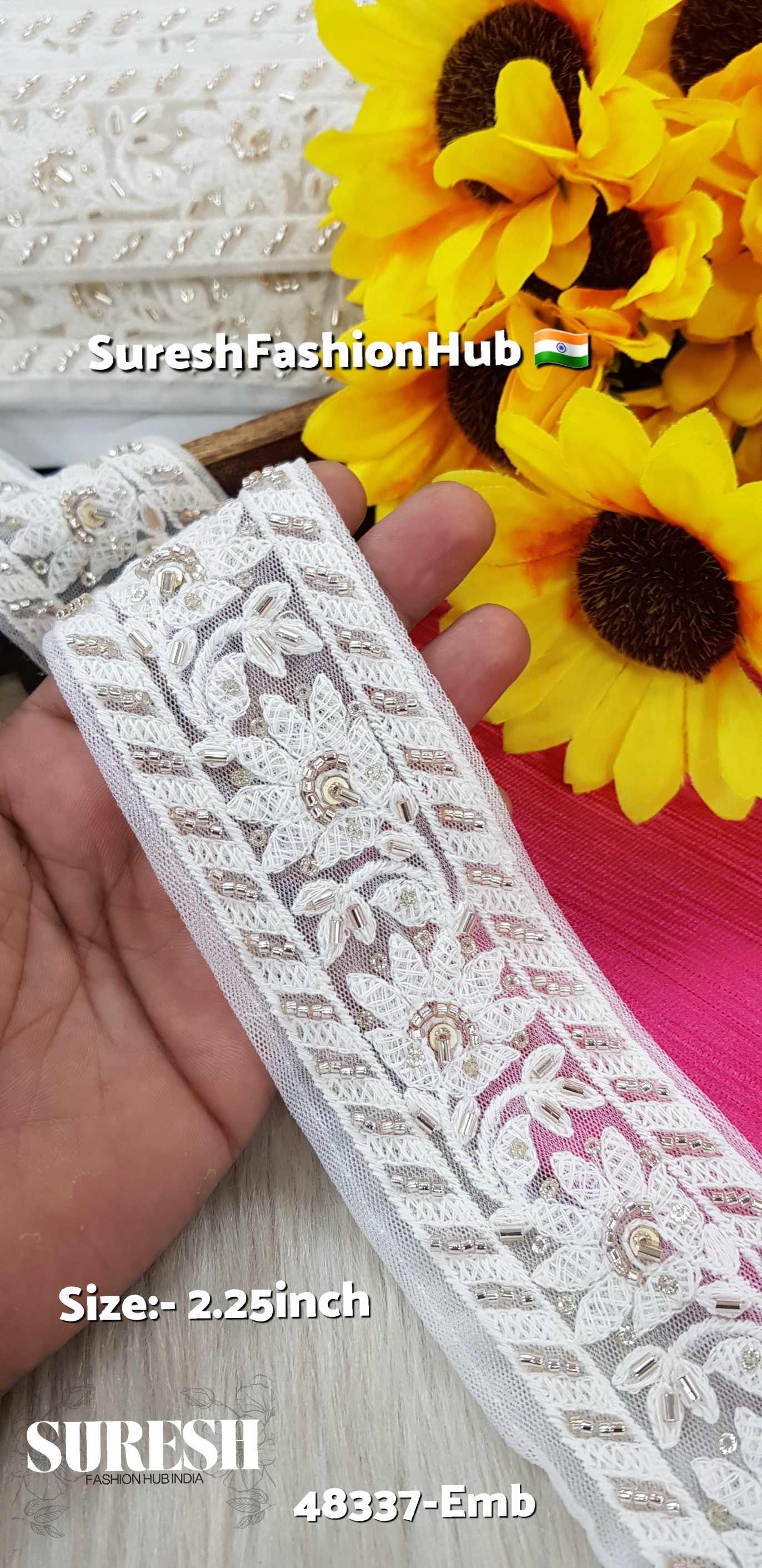 White with Rose Work Two-Side Border Lace – 48337-Emb