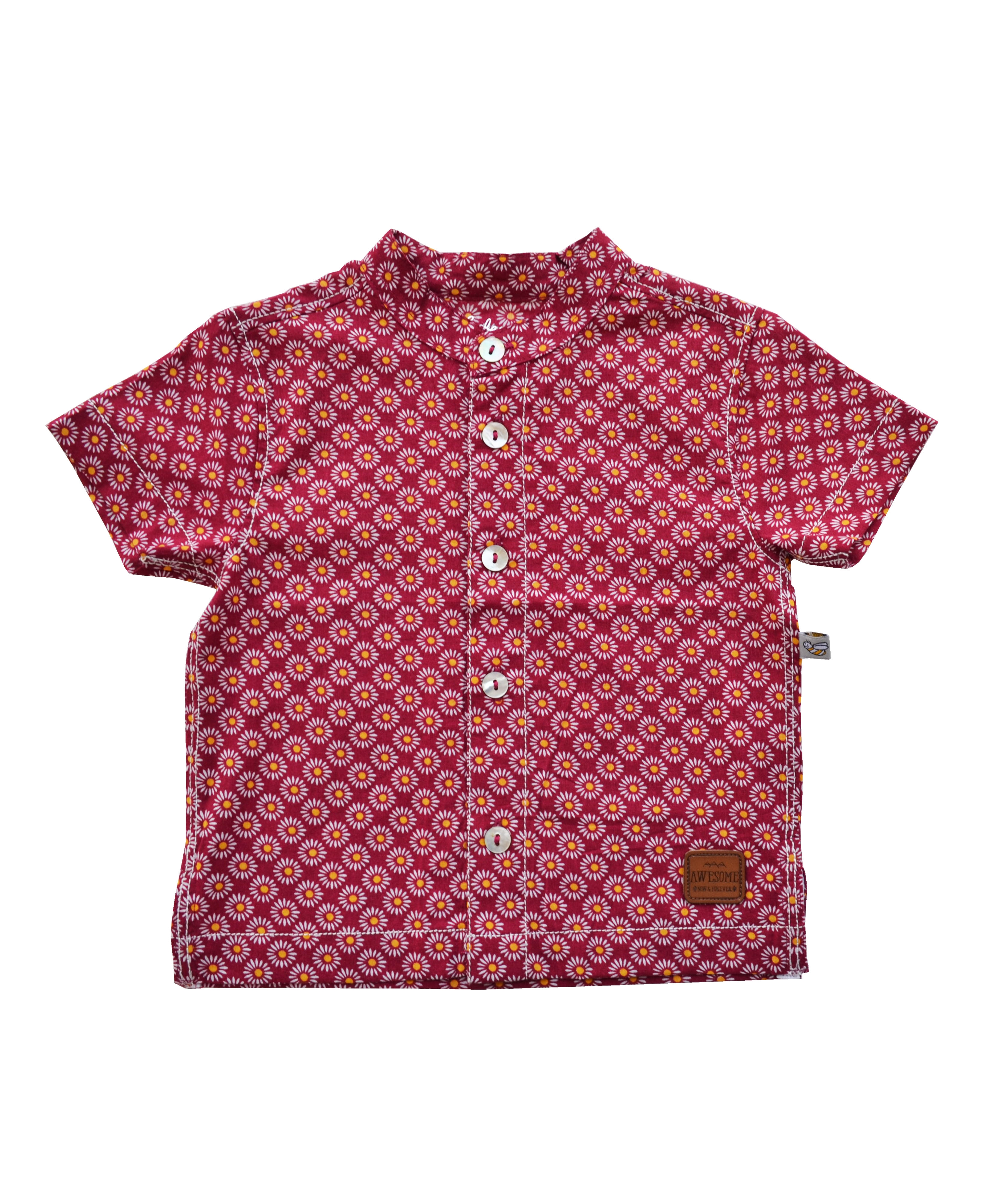 Allover Circles Print Red Short Sleeves Kurta Shirt (100% Cotton)