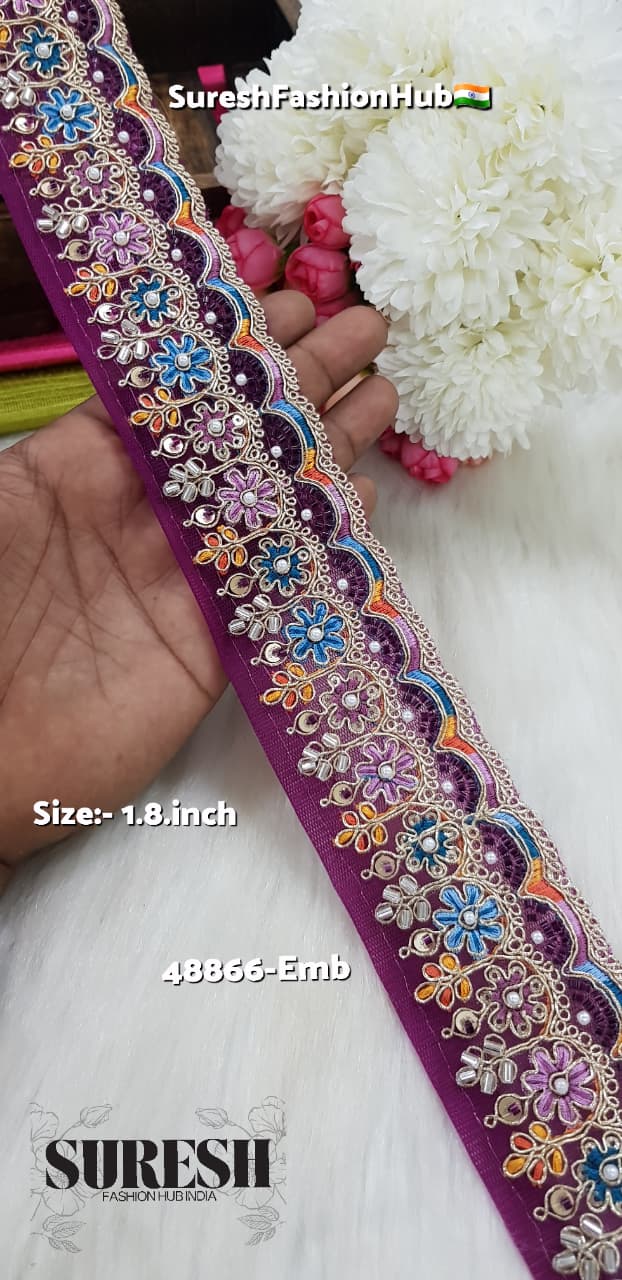 Magenta Floral Beads & Thread Embroidery Lace – 48866-EMB