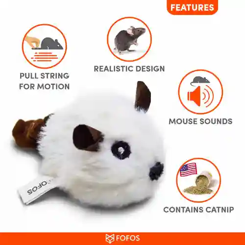 Barkbutler Fofos Pull String & Sound Chip Mouse Shaped Electronic Toy for Cats (White)